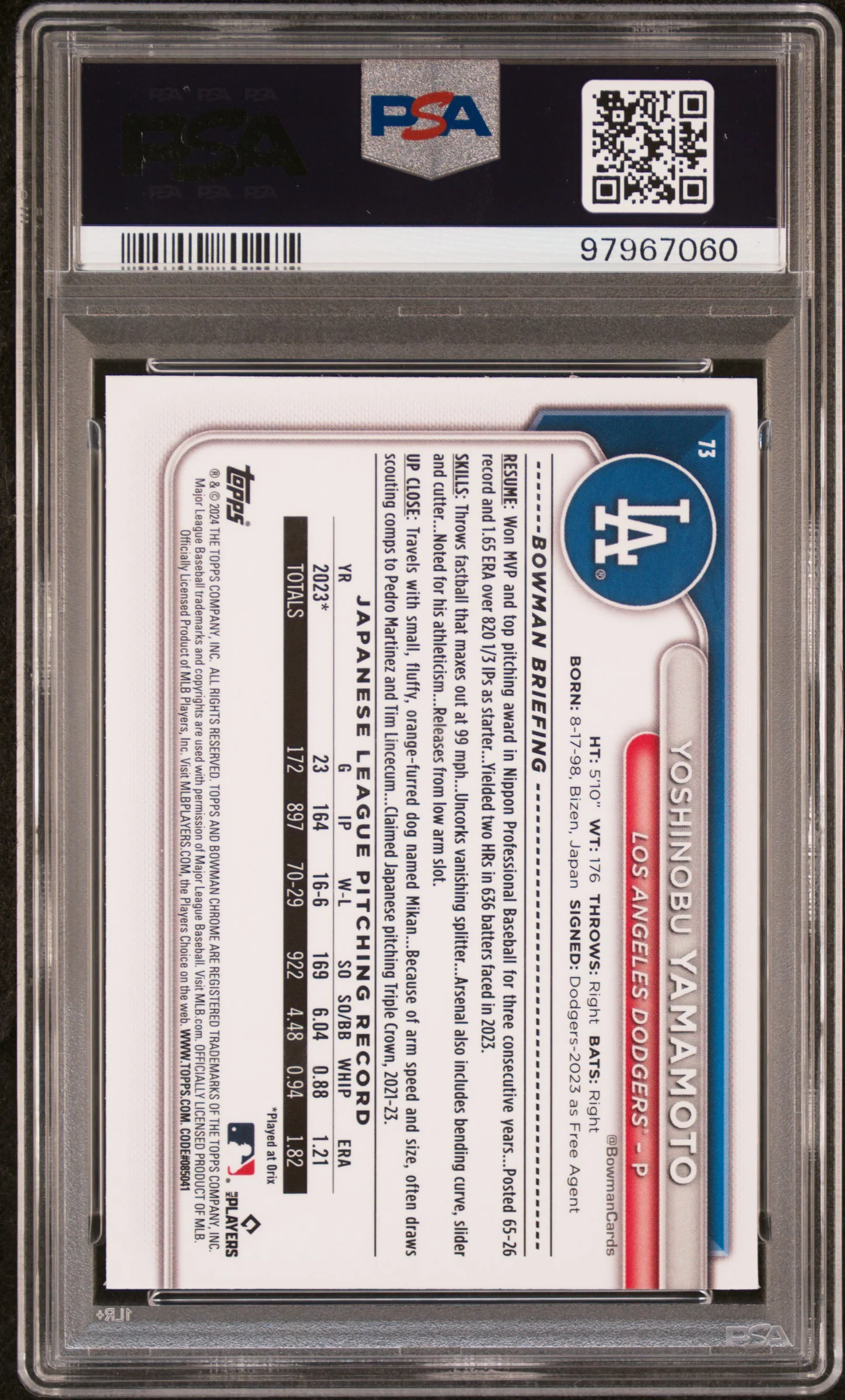 2024 Bowman Chrome Yoshinobu Yamamoto #73 PSA 9 - Image 2