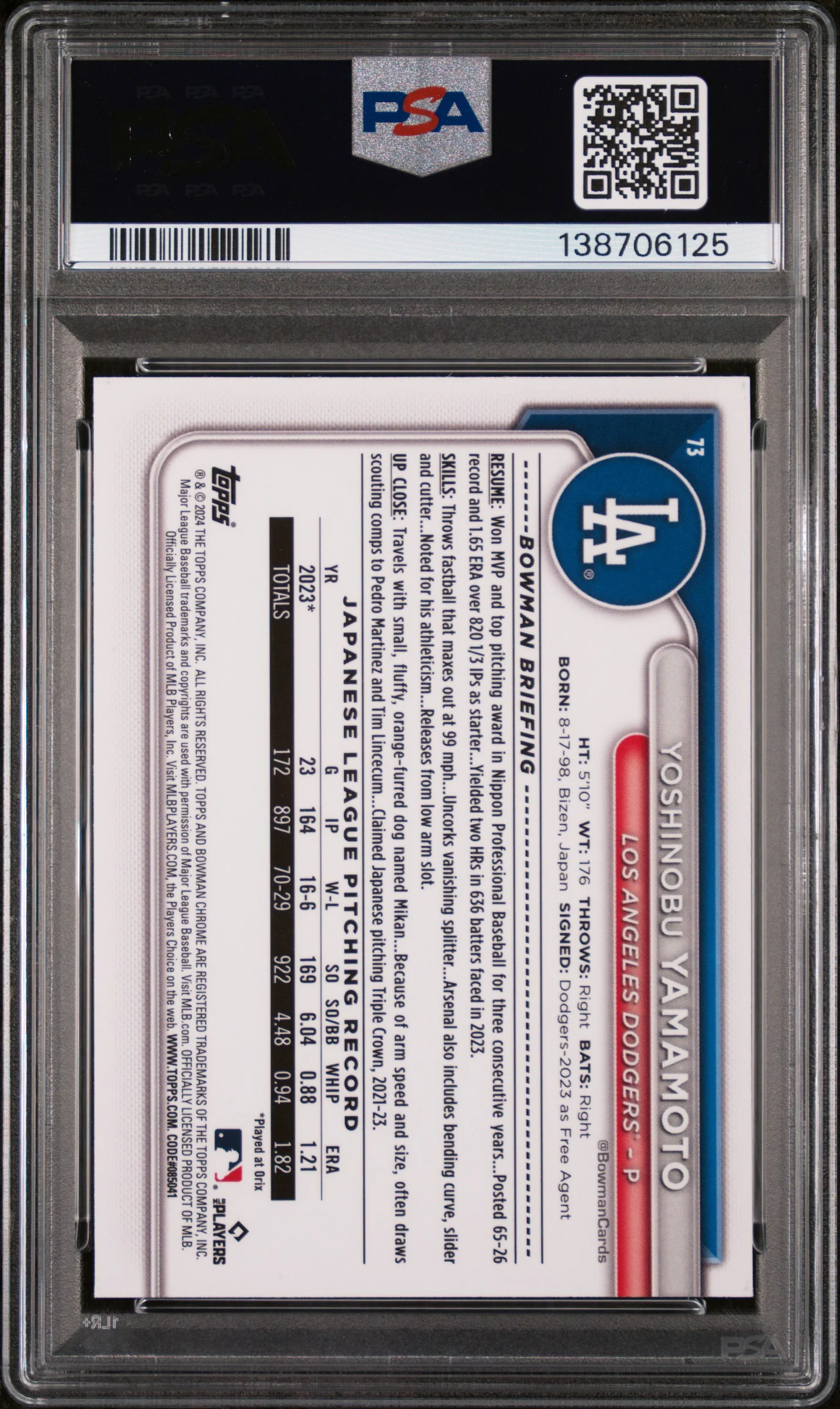 2024 Bowman Chrome Yoshinobu Yamamoto #73 PSA 9 - Image 2