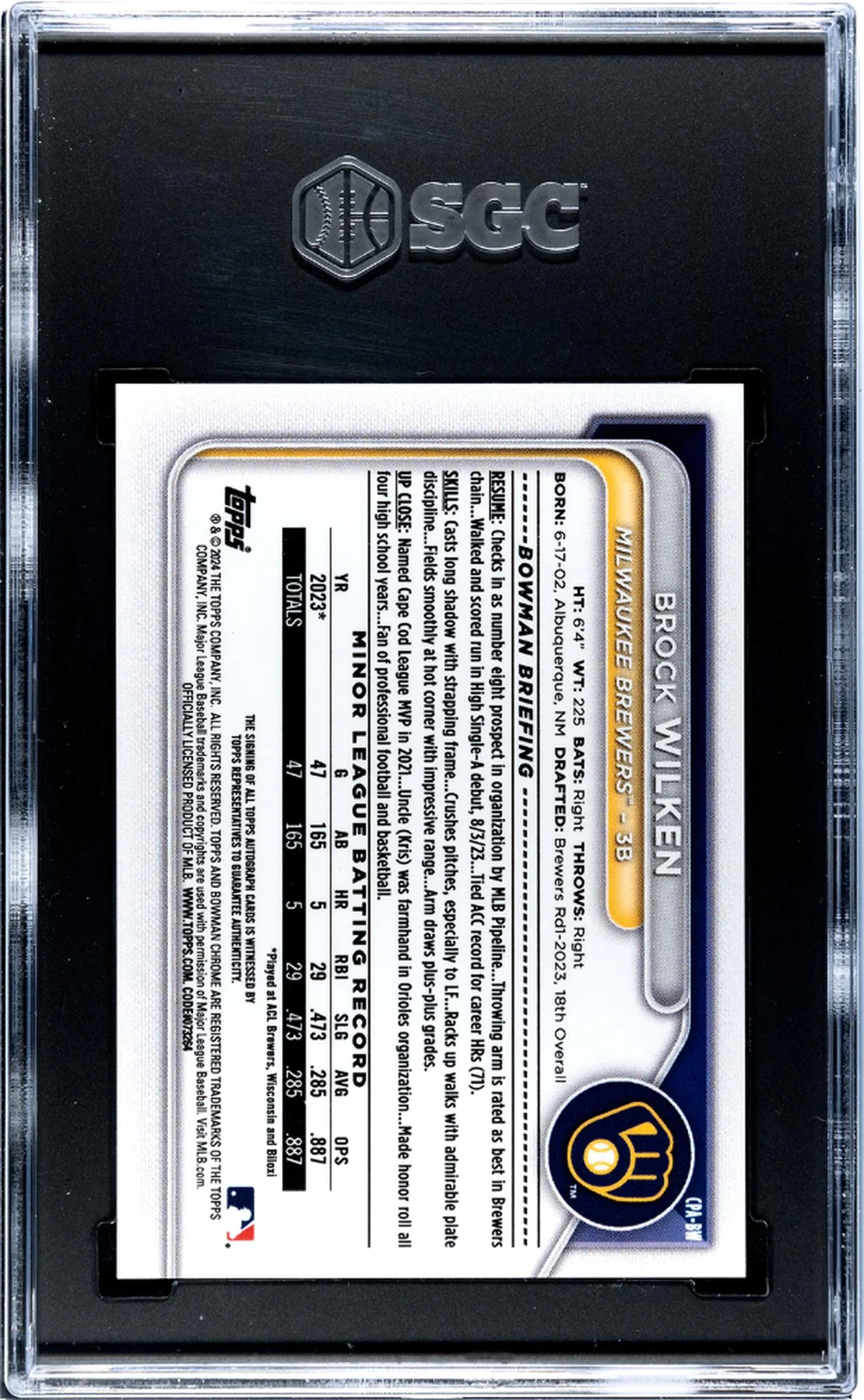 2024 Bowman #CPA-BW Brock Wilken Chrome Prospect Autographed Auto SGC 10 - Image 2