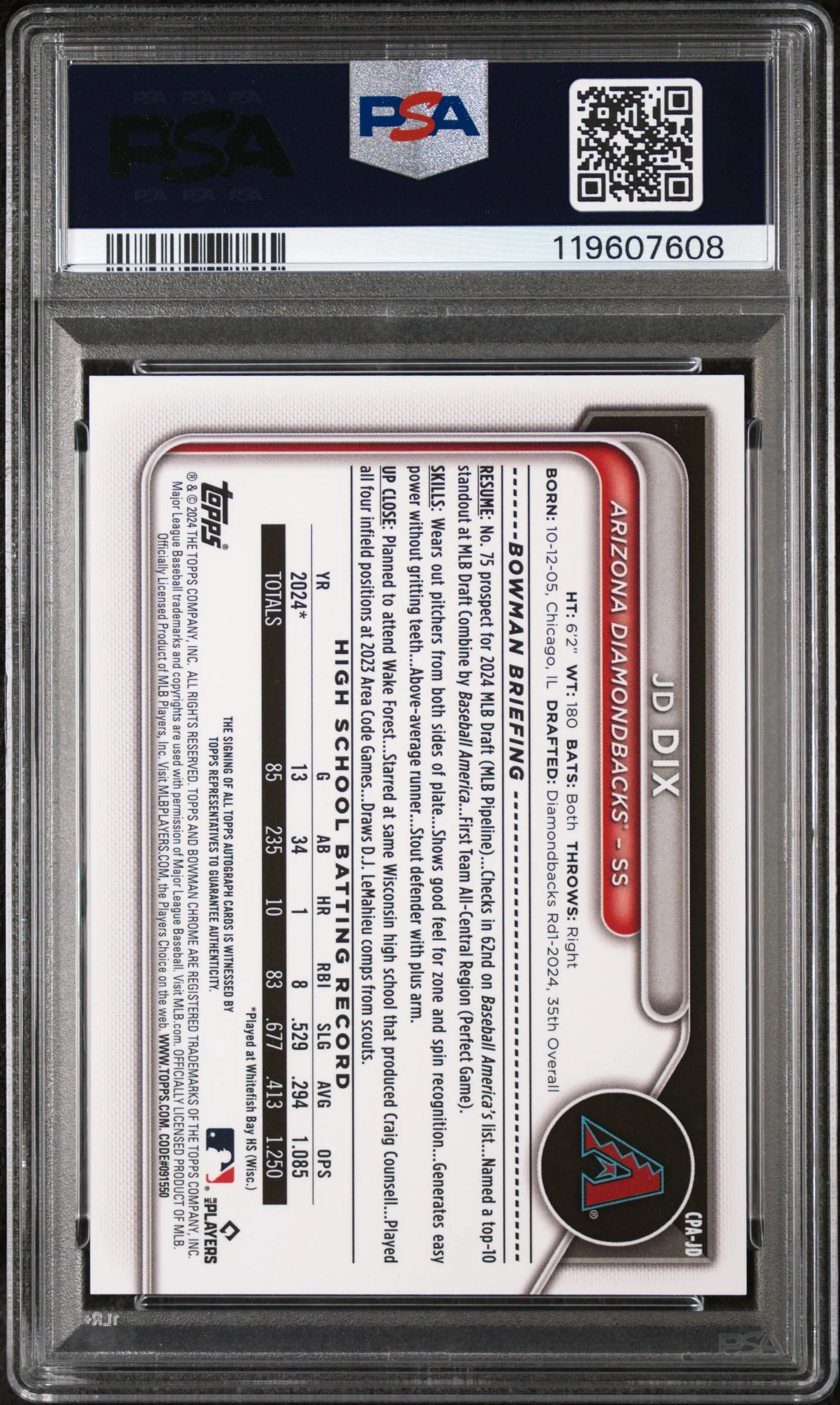 2024 Bowman #CPA-JD Dix Chrome Prospect Autograph Auto PSA 9 - Image 2