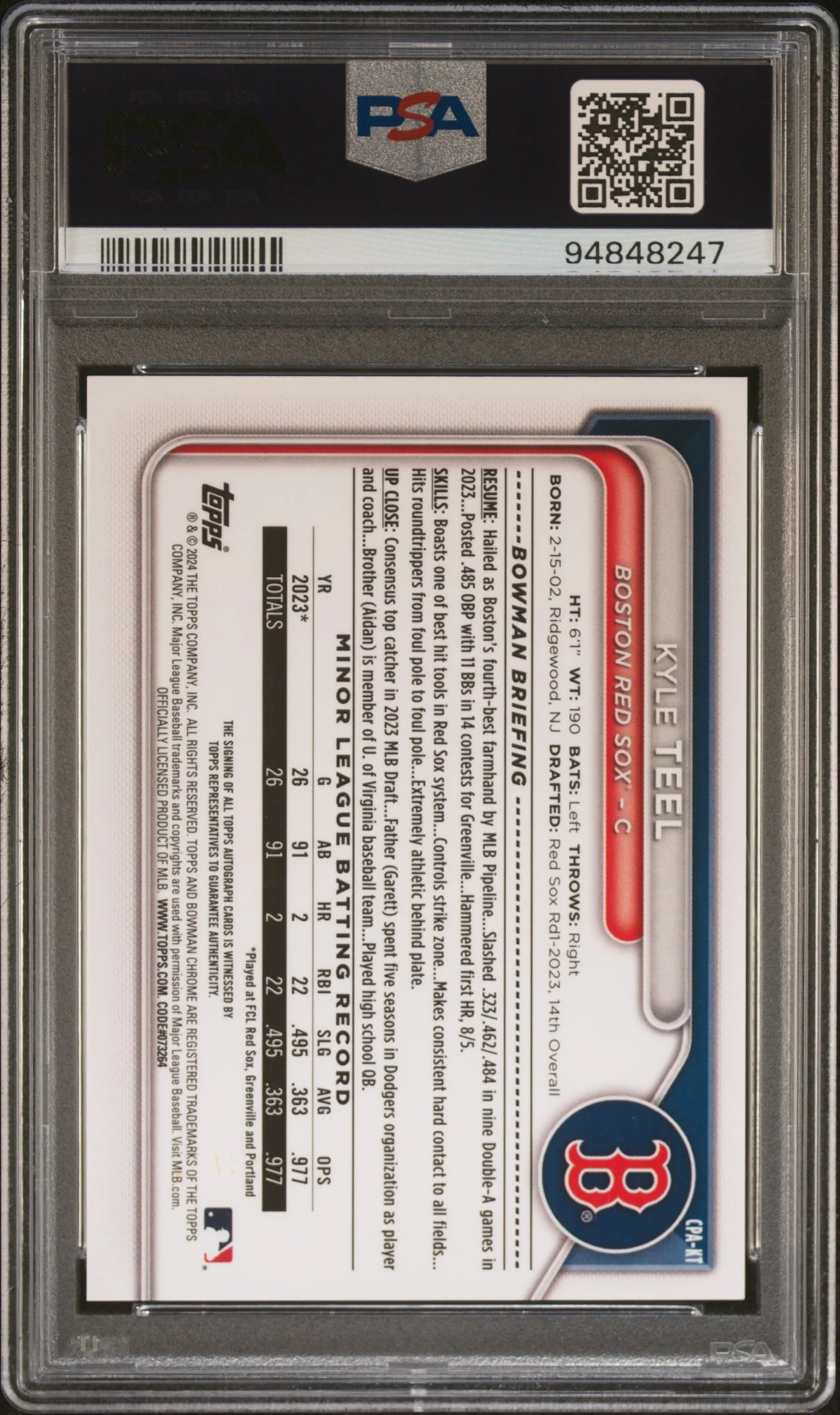 2024 Bowman Chrome Lunar Kyle Teel #CPAKT RC Auto /150 PSA 10 Auto 9 - Image 2