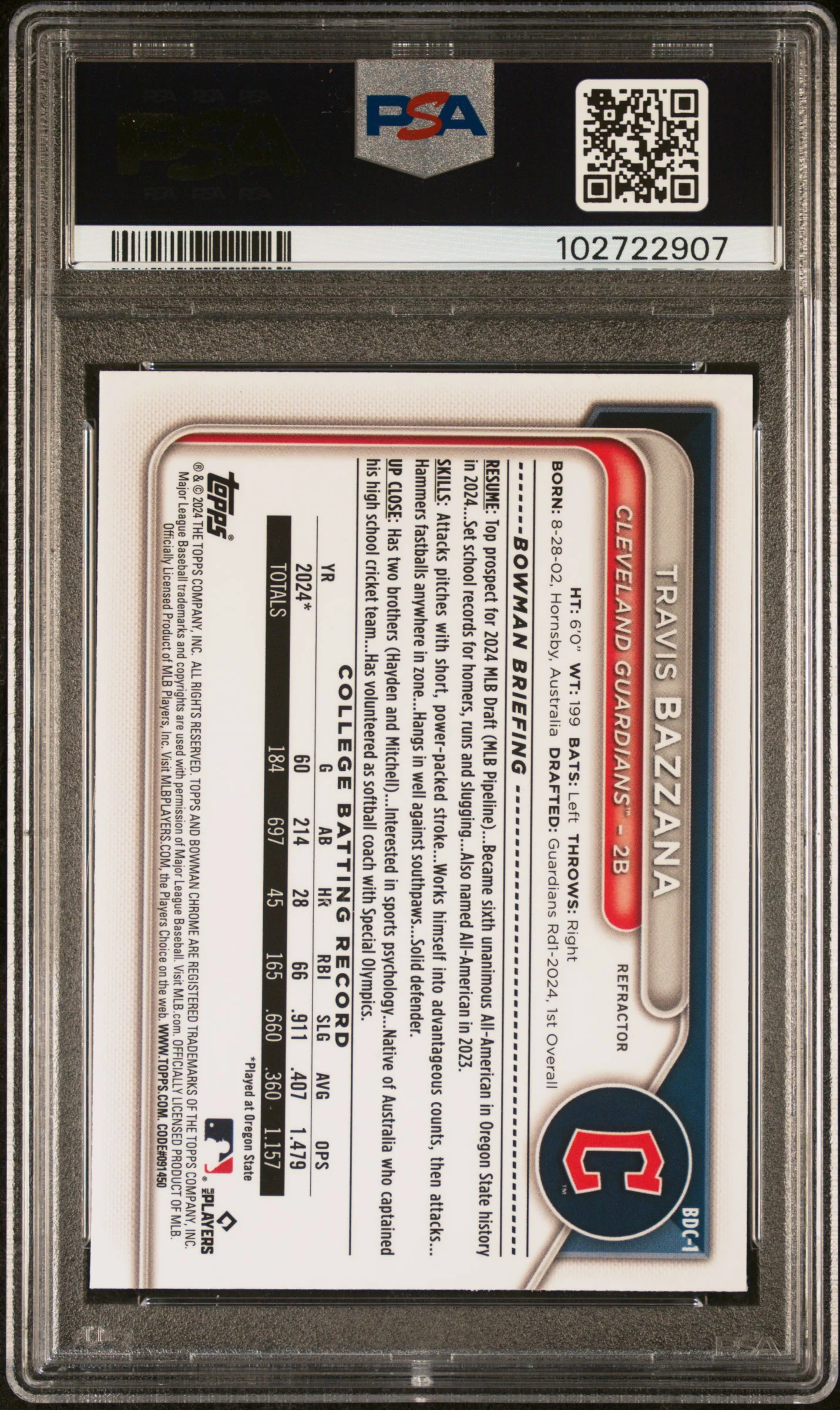 2024 Bowman Draft #BDC1 Travis Bazzana Chrome Refractor PSA 9 - Image 2