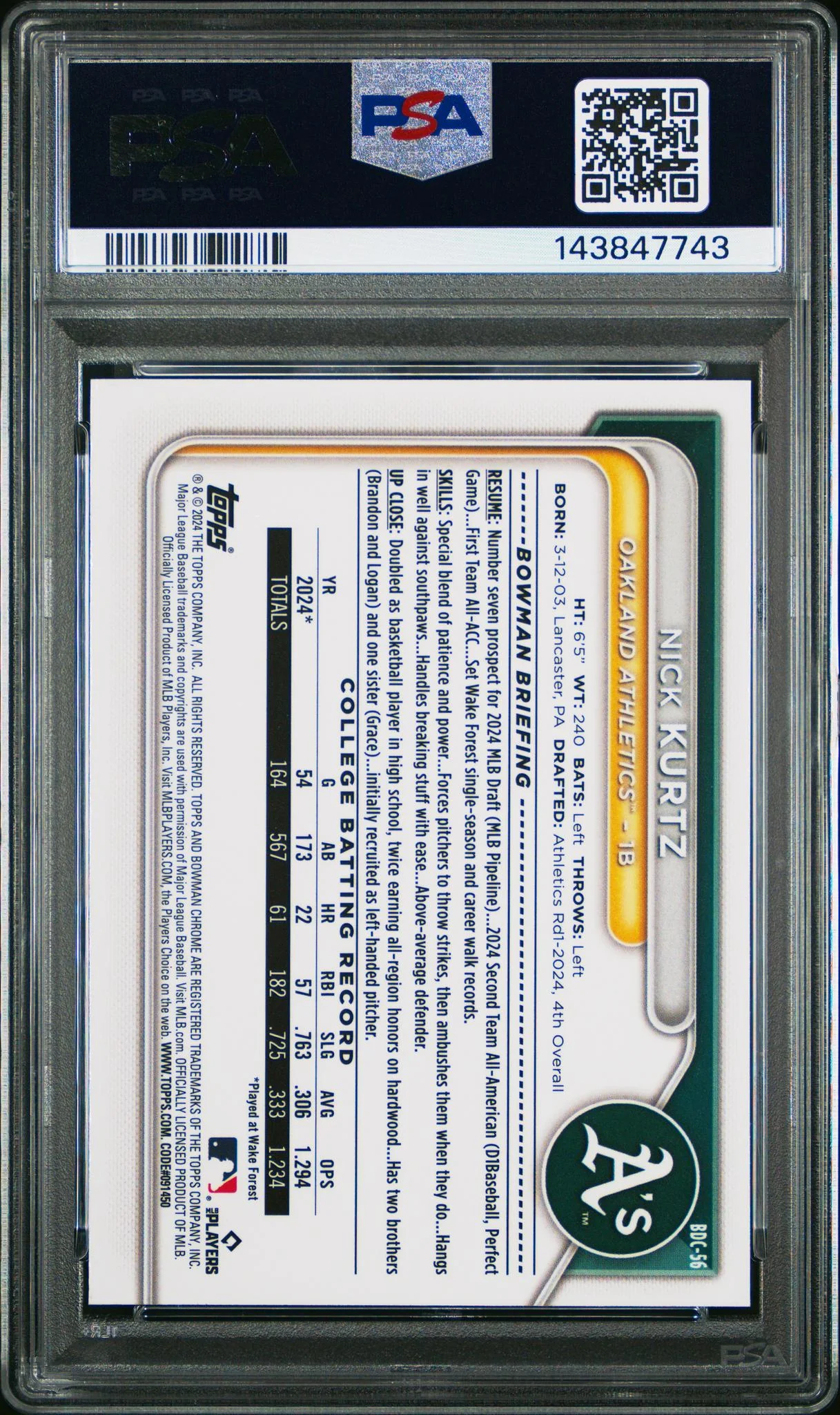 2024 Bowman Draft Chrome Nick Kurtz #BDC-56 PSA 10 - Image 2