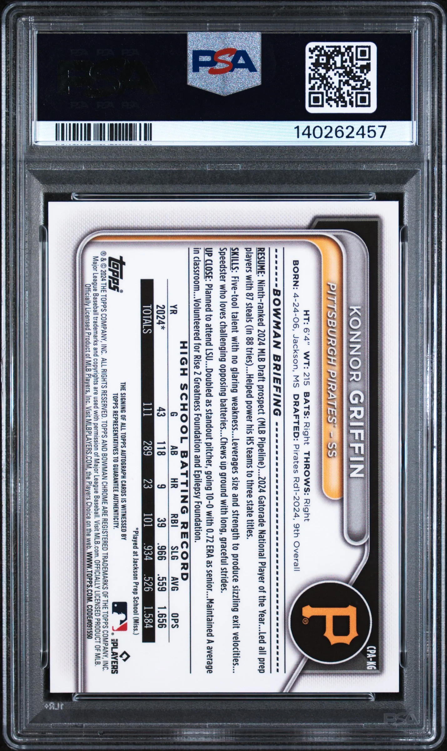 2024 Bowman Draft Chrome Prospect Autograph Konnor Griffin #CPAKG PSA 9 - Image 2