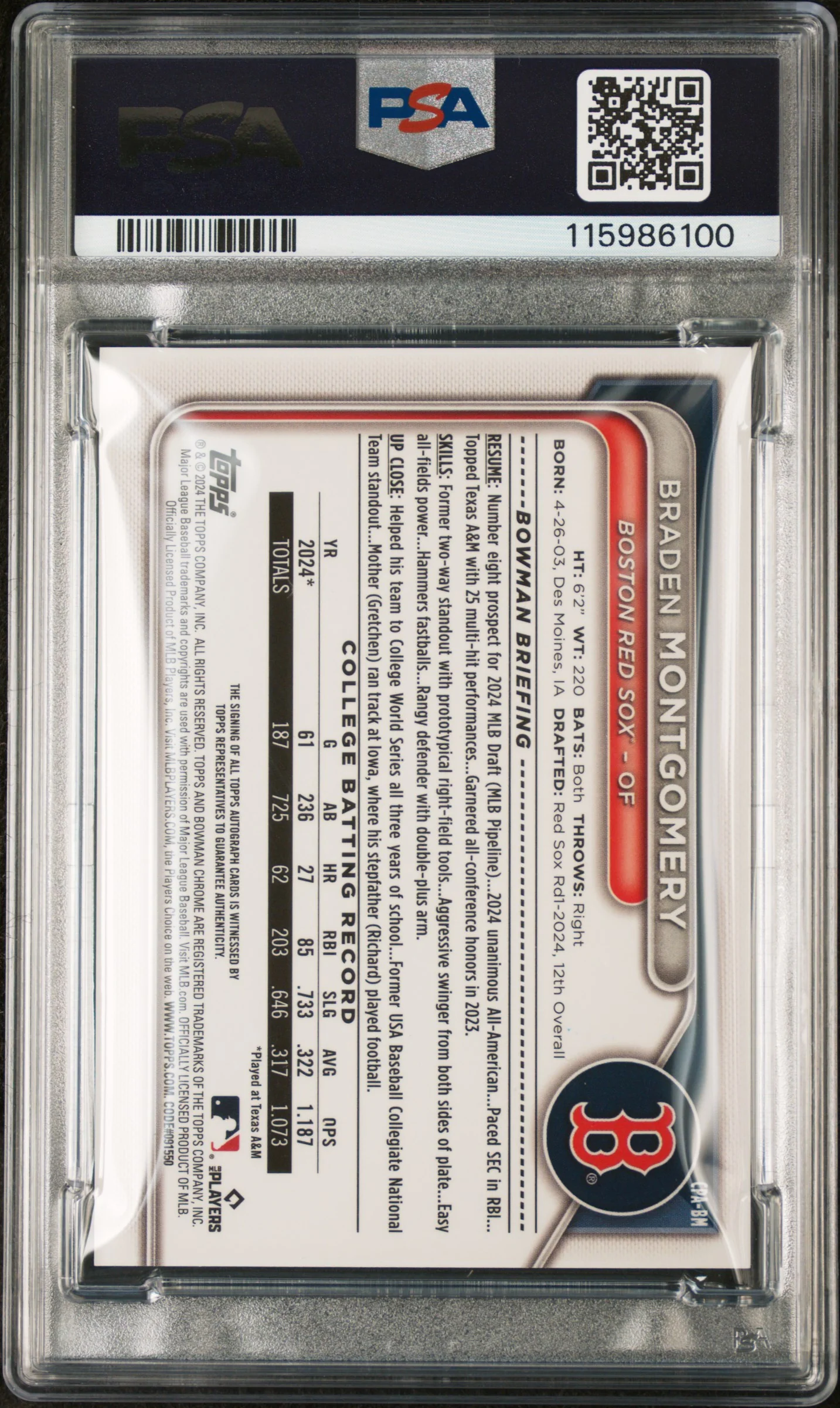 2024 Bowman Draft Chrome Prospect Autographs Braden Montgomery #CPABM PSA 10 - Image 2