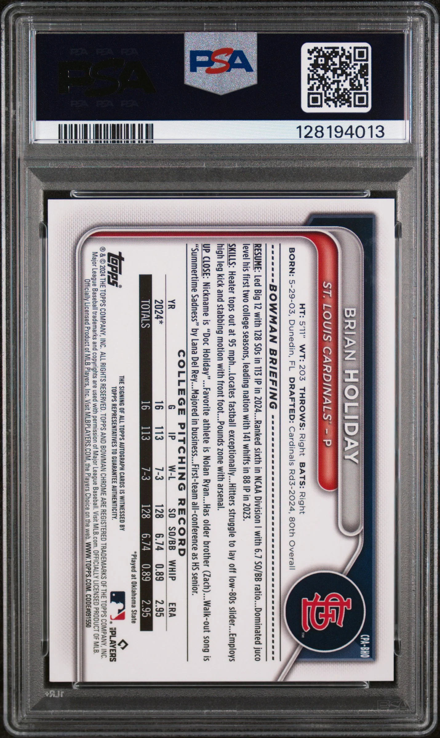 2024 Bowman Draft Chrome Prospect Autographs Brian Holliday #CPABHO PSA 9 - Image 2