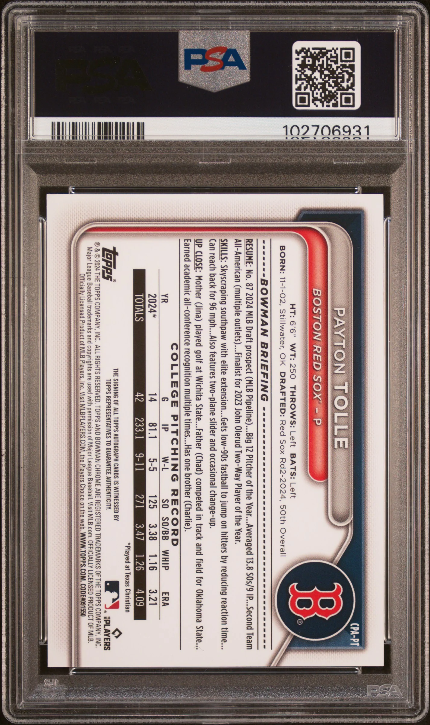 2024 Bowman Draft Chrome Prospect Autographs Orange Wave Payton Tolle #CPAPT /25 PSA 10 - Image 2