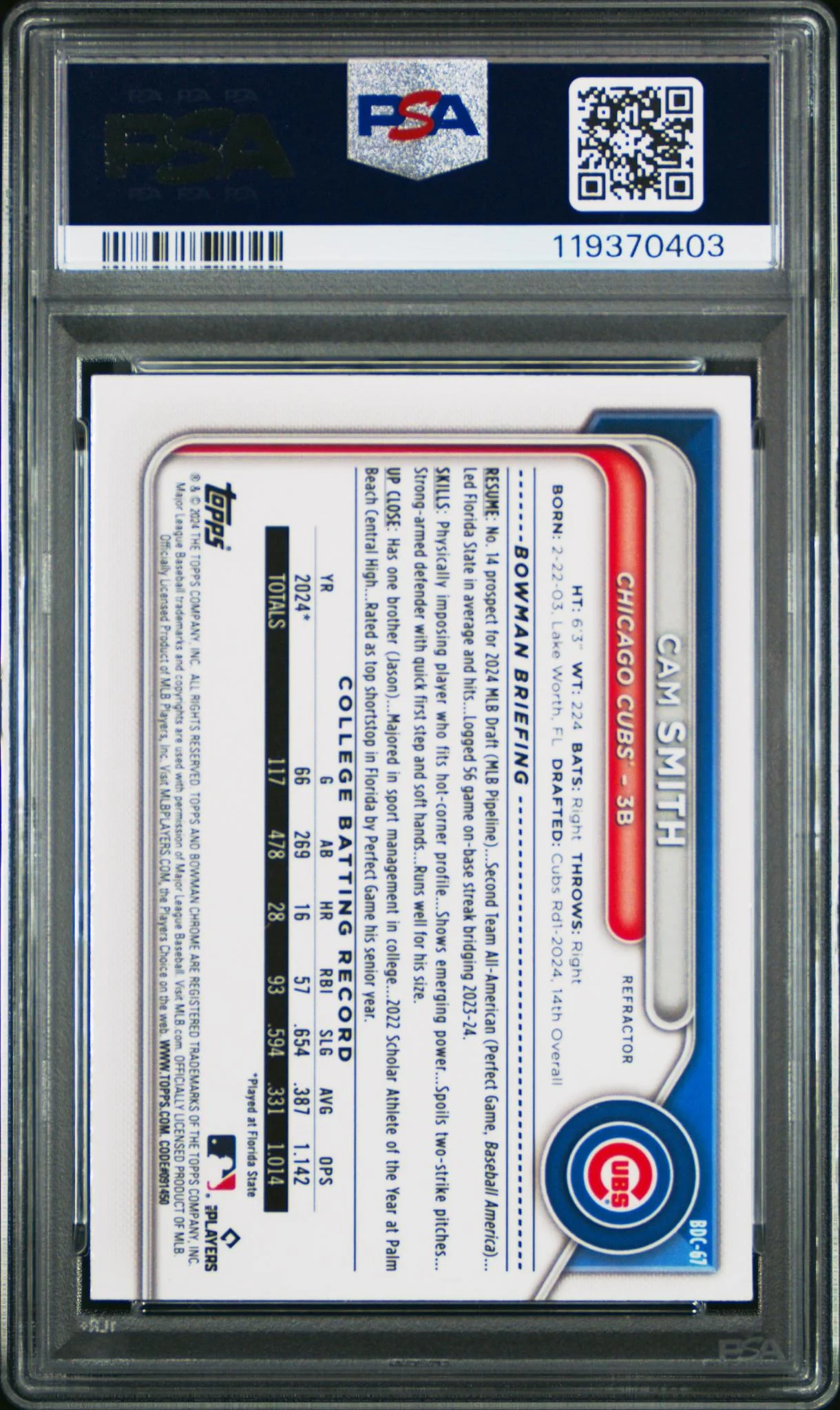 2024 Bowman Draft Chrome Refractor Cam Smith #BDC-67 PSA 10 - Image 2