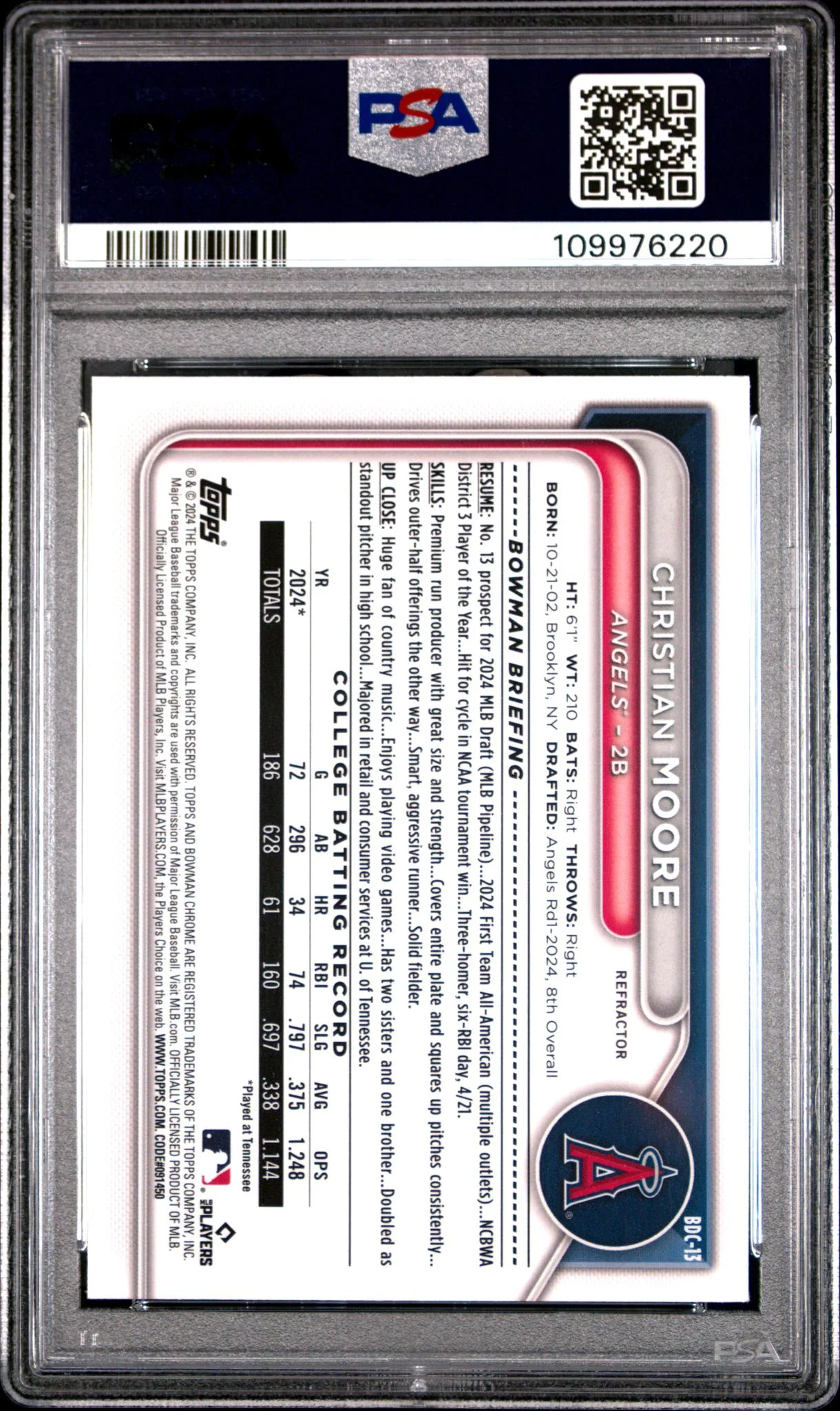 2024 Bowman Draft Chrome Refractor Christian Moore #BDC-13 PSA 10 - Image 2