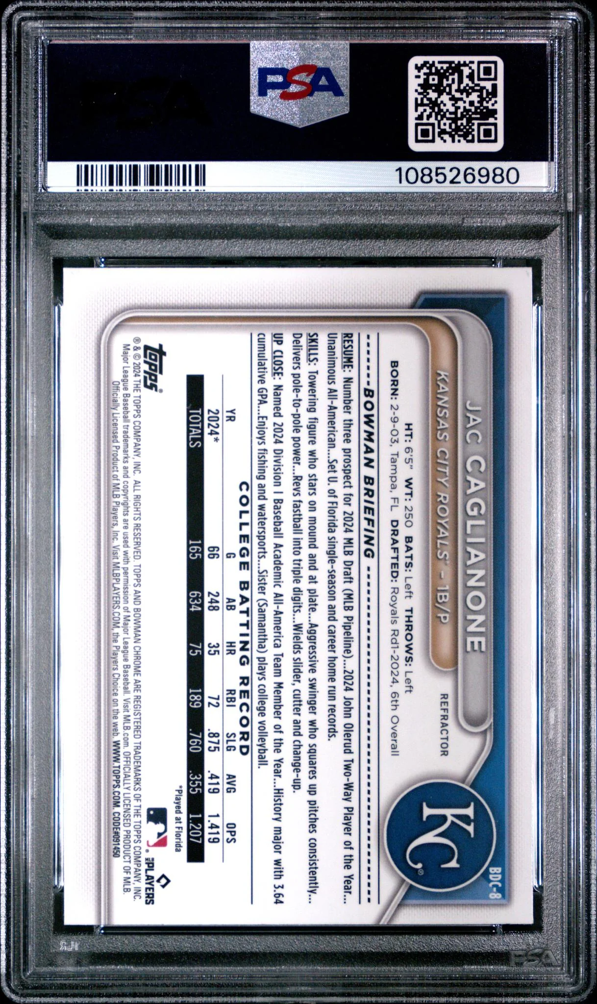 2024 Bowman Draft Chrome Refractor Jac Caglianone #BDC-8 PSA 9 - Image 2