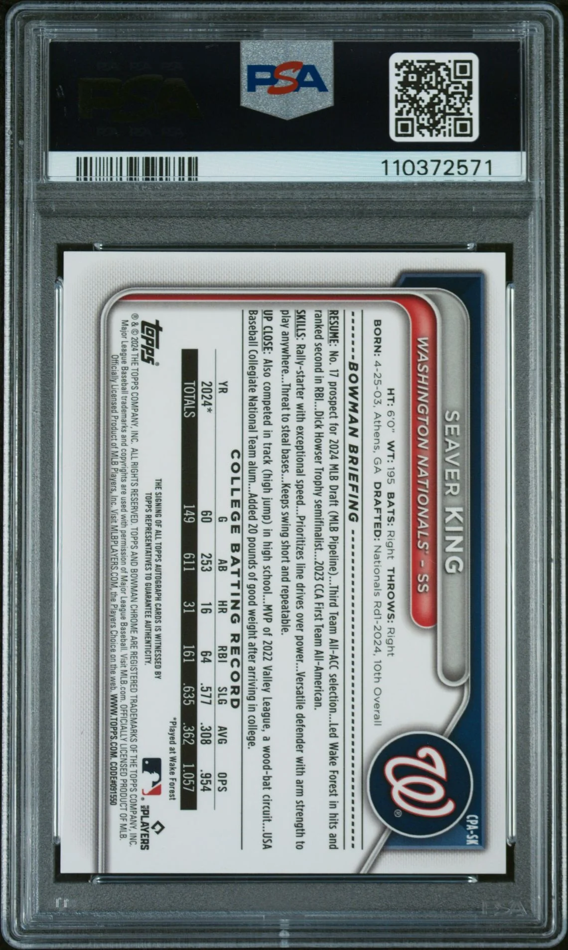 2024 Bowman Draft Chrome Seaver King #CPA-SK Auto PSA 10 - Image 2