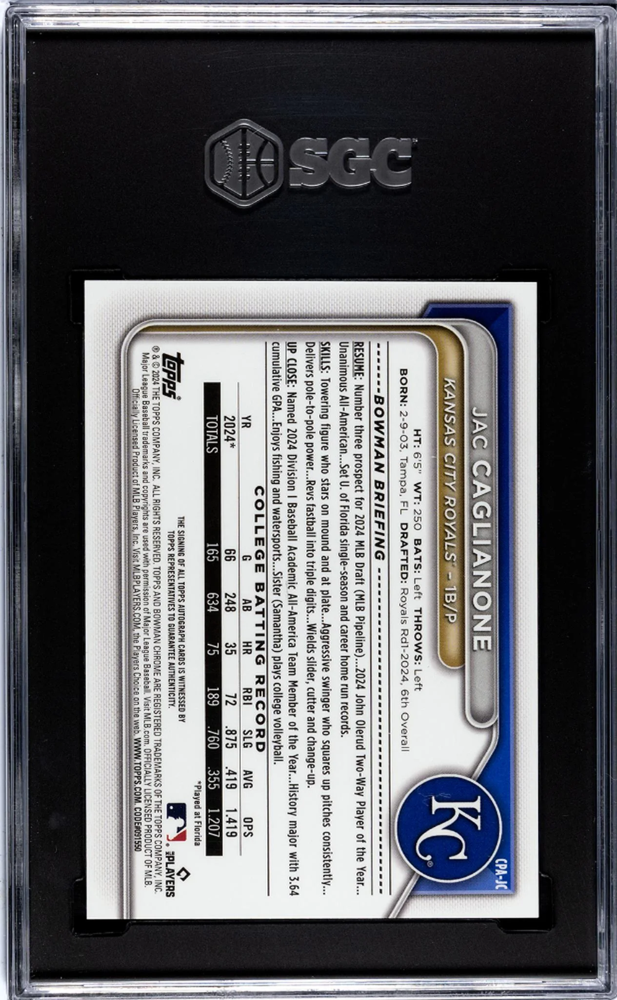 2024 Bowman Draft #CPA-JC Jac Caglianone Chr. Pros. Auto. SGC 9.5 - Image 2