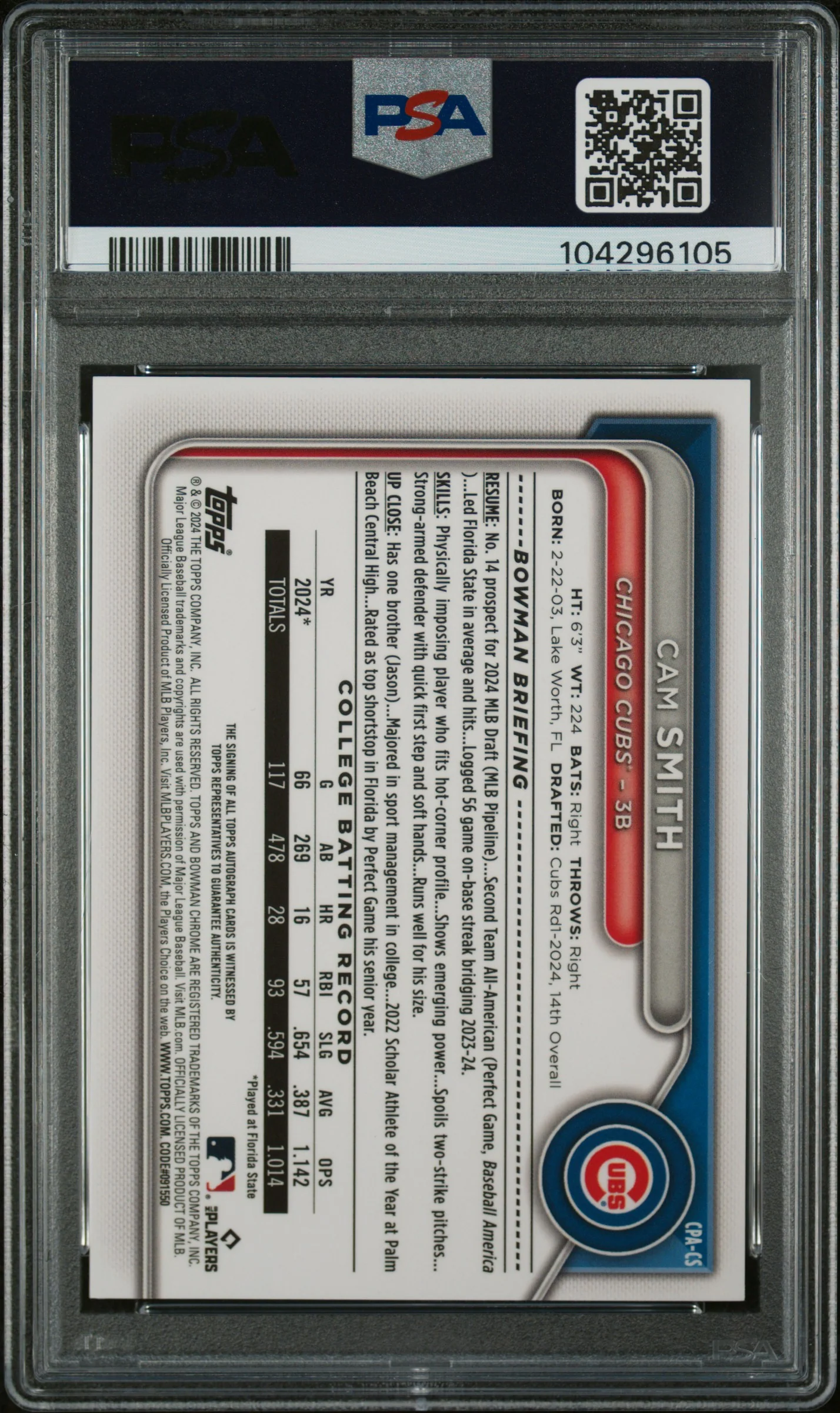 2024 Bowman Draft Sparkle Cam Smith #CPACS Auto /71 PSA 10 - Image 2