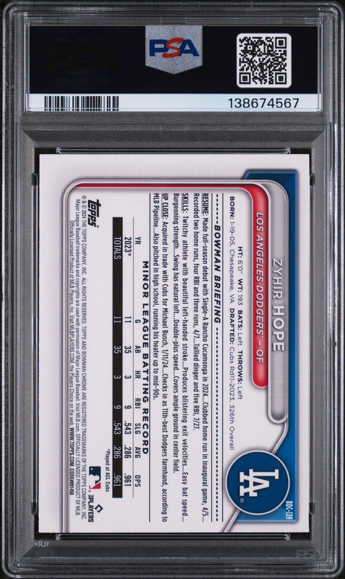 2024 Bowman Draft Sparkle Refractor Zyhir Hope #BDC-139 PSA 8 - Image 2