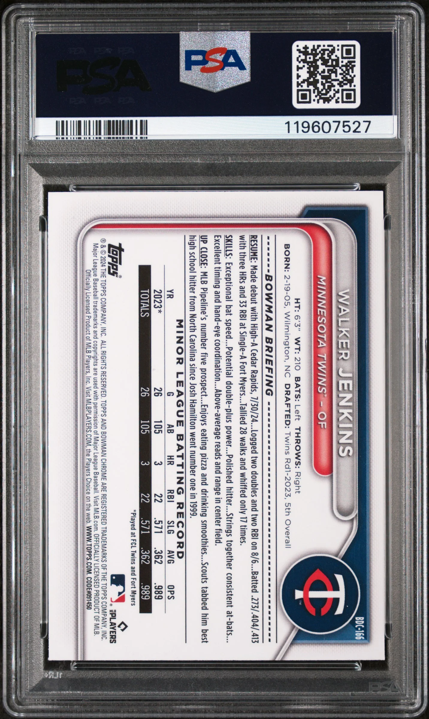 2024 Bowman Draft Yellow Lunar Crater Refractor Walker Jenkins #BDC166 /75 PSA 8 - Image 2