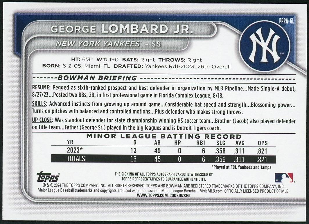 2024 Bowman George Lombard Jr. Paper Auto Purple /250 - Image 2