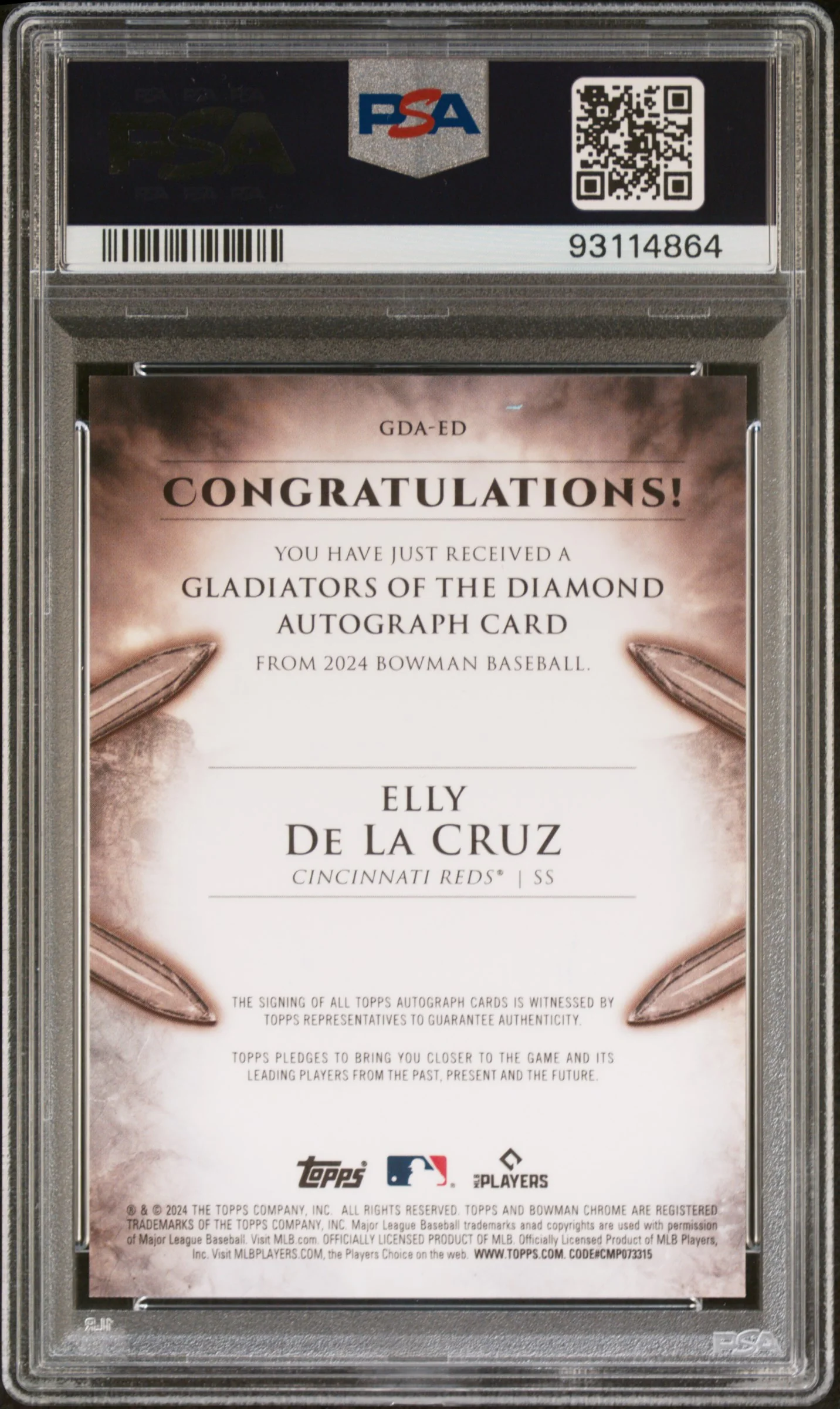 2024 Bowman Gladiators of the Diamond Autographs Gladiators/Dia Auto-Gold Elly De La Cruz #GDAED /50 PSA 10 - Image 2