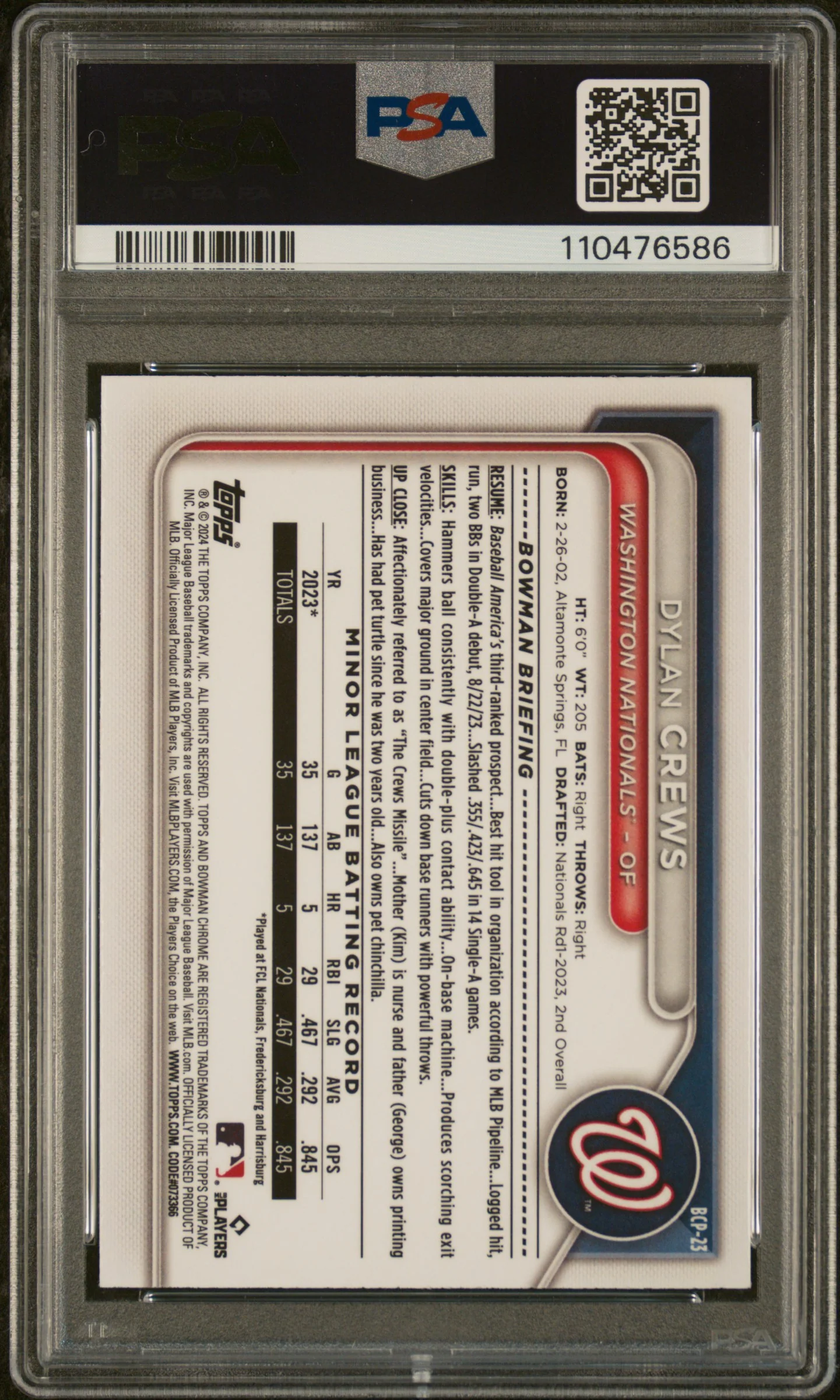 2024 Bowman Mega Box Chrome Prospects Chrome-Prospects-Blue Dylan Crews #23 /150 PSA 10 - Image 2