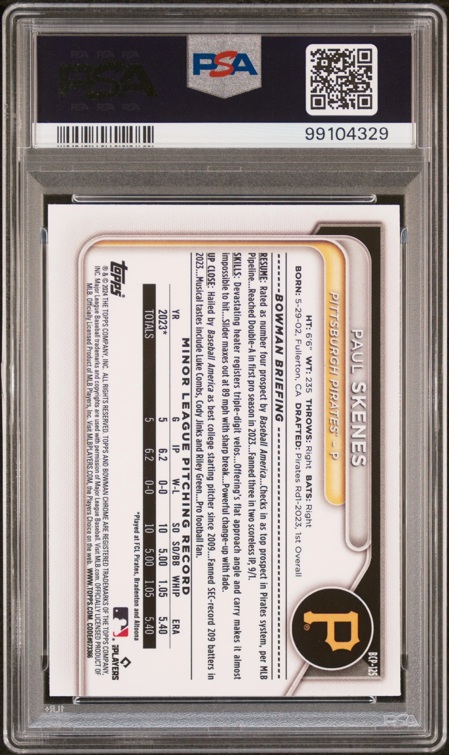 2024 Bowman Mega Box Chrome Prospects Chrome-Prospects-Fuchsia Paul Skenes #125 PSA 10 - Image 2