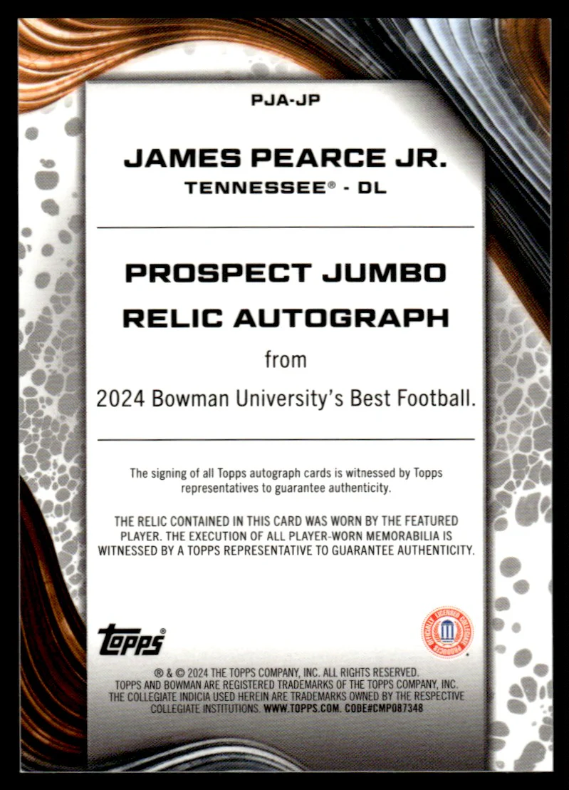 2024 Bowman PJA-JP James Pearce Jr. Prospect Jumbo Relic Autograph Tennessee - Image 2