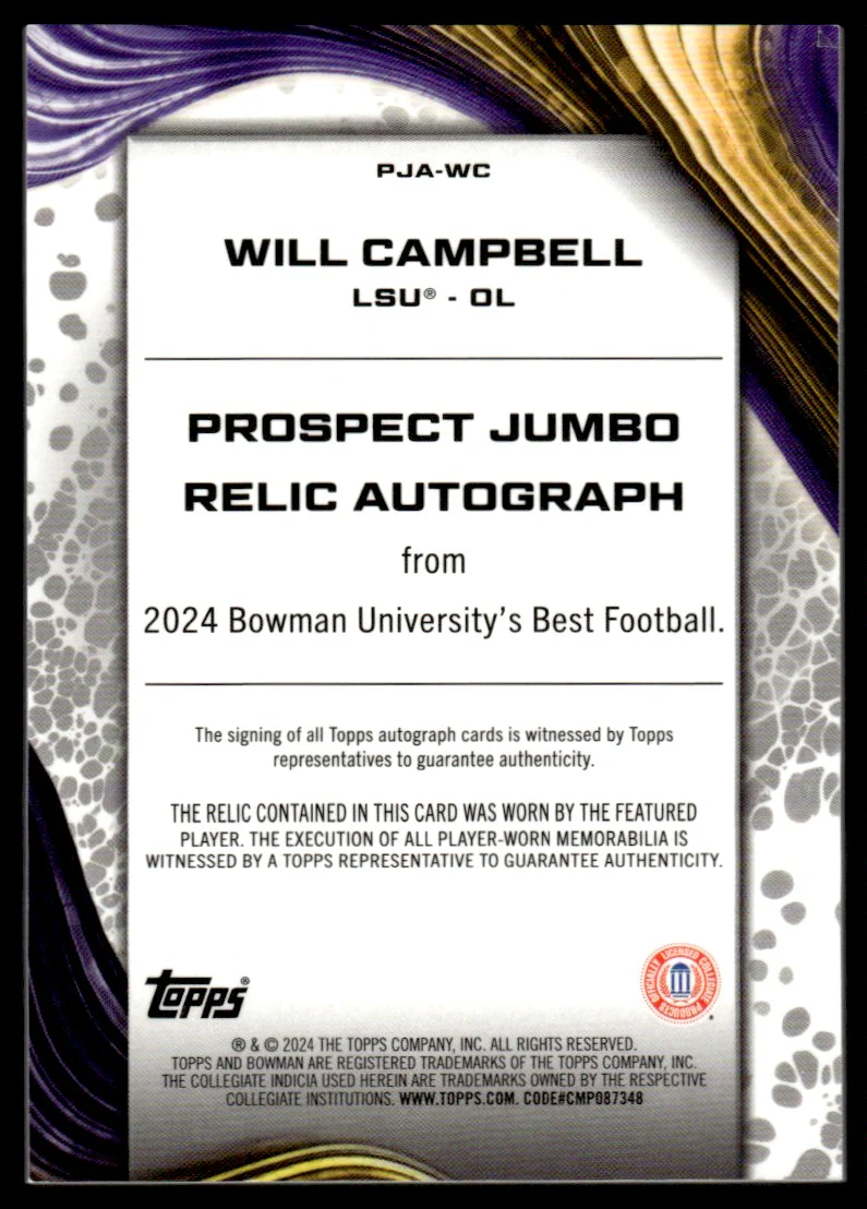 2024 Bowman PJA-WC Will Campbell Prospect Jumbo Relic Autograph LSU - Image 2
