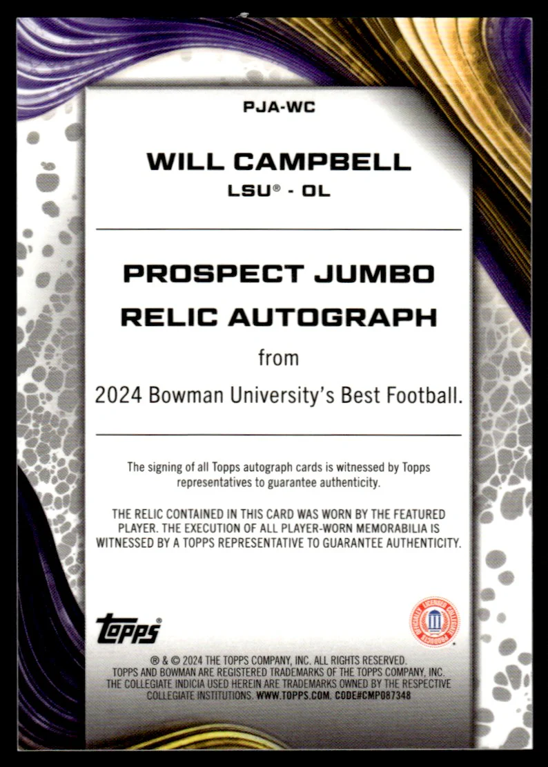 2024 Bowman PJA-WC Will Campbell Prospect Jumbo Relic Autograph LSU - Image 2