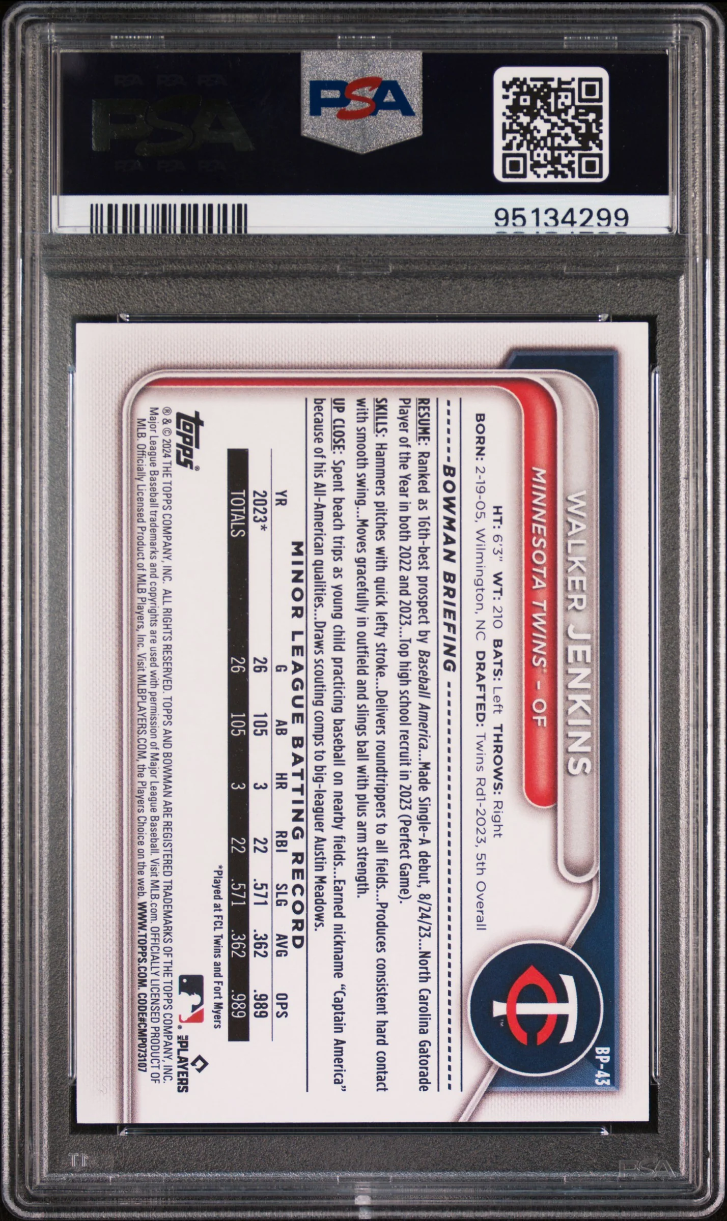2024 Bowman Paper Prospects Walker Jenkins #BP43 PSA 10 - Image 2