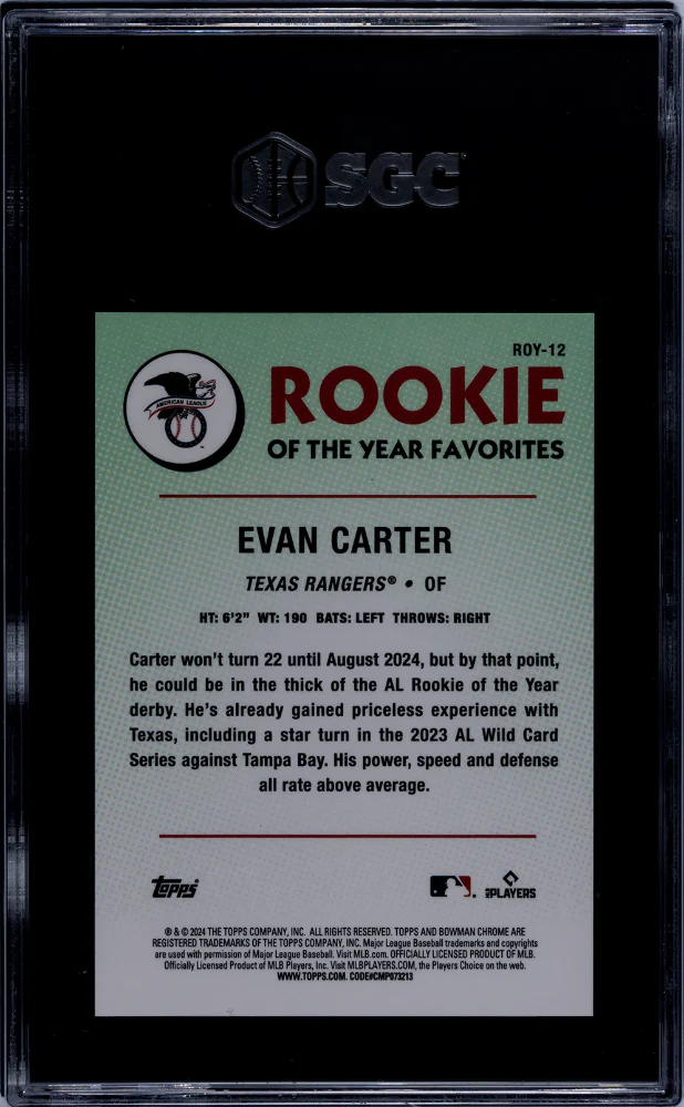 2024 Bowman #ROY-12 Evan Carter ROY Favorites Mini-Diamond Ref. /150 SGC 9.5 - Image 2