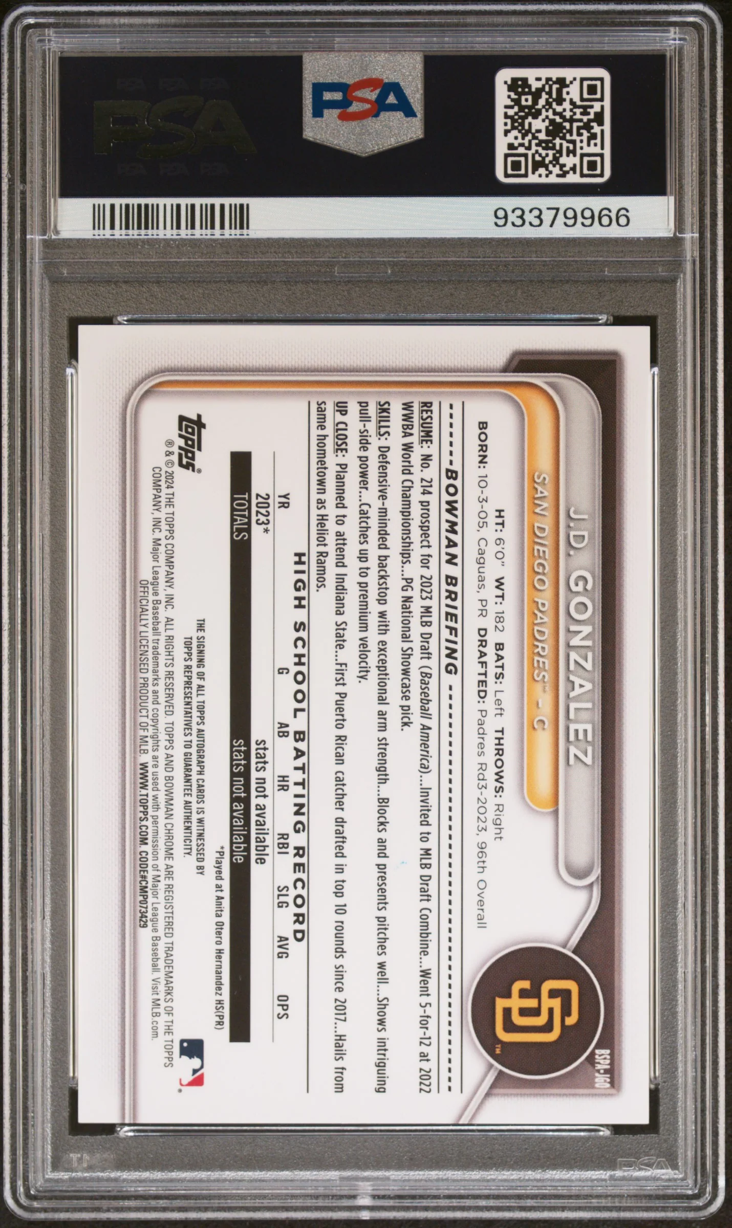 2024 Bowman Sapphire Black JD Gonzalez #JGO Auto /10 PSA 10 - Image 2