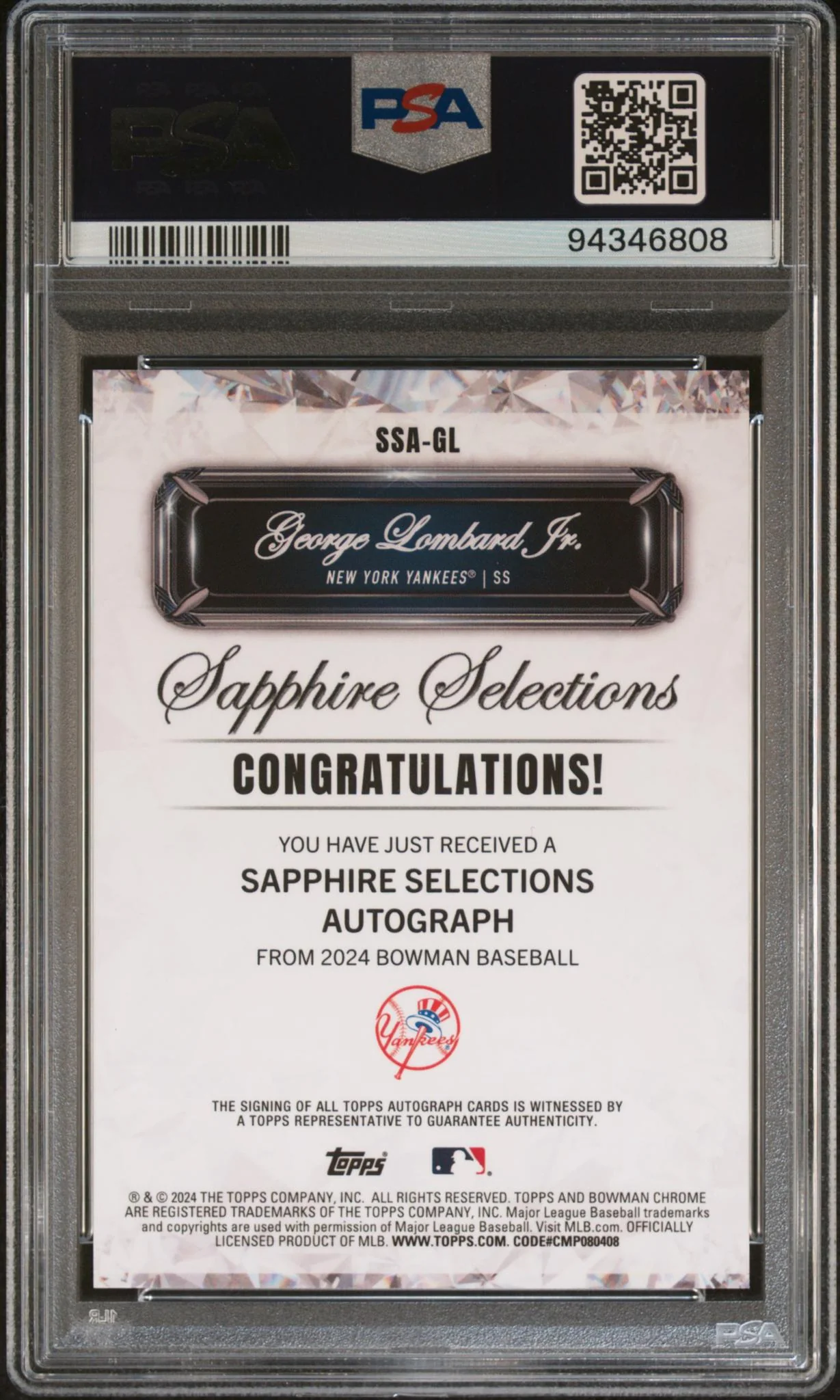 2024 Bowman Sapphire Edition Sapphire Selections Autographs Selections Autograph-Red George Lombard Jr. #GL /5 PSA 10 - Image 2