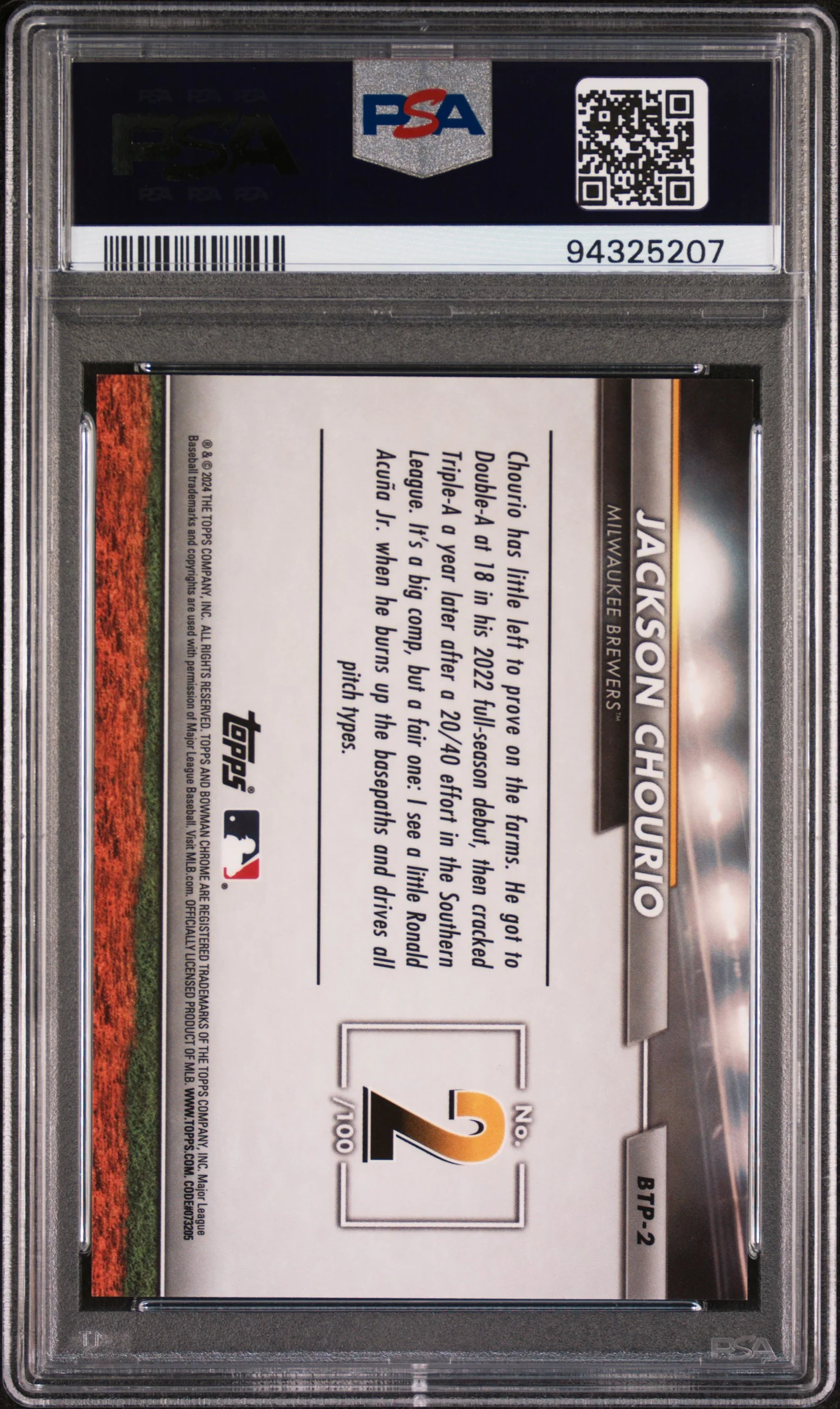 2024 Bowman Scouts' Top 100 Gold Refractor Jackson Chourio #BTP-2 /50 PSA 10 - Image 2