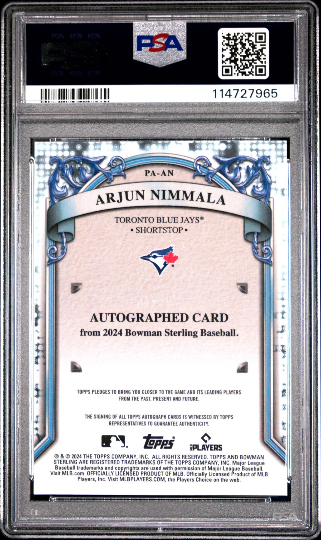 2024 Bowman Sterling Prospect Autographs Arjun Nimmala #PAAN PSA 10 - Image 2