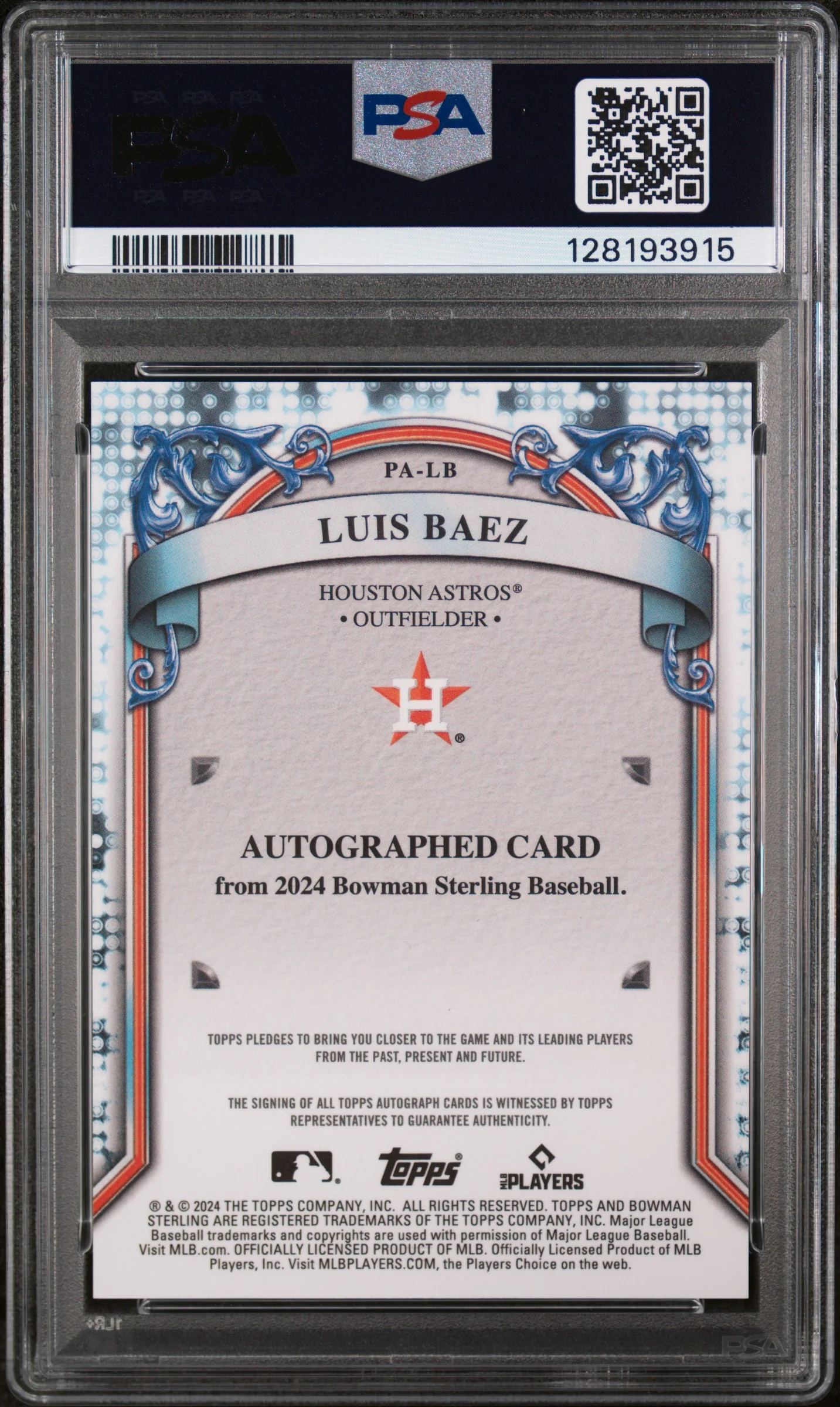 2024 Bowman Sterling Prospect Autographs Blue Sterling Scintillate Luis Baez #PALB /25 PSA 9 - Image 2