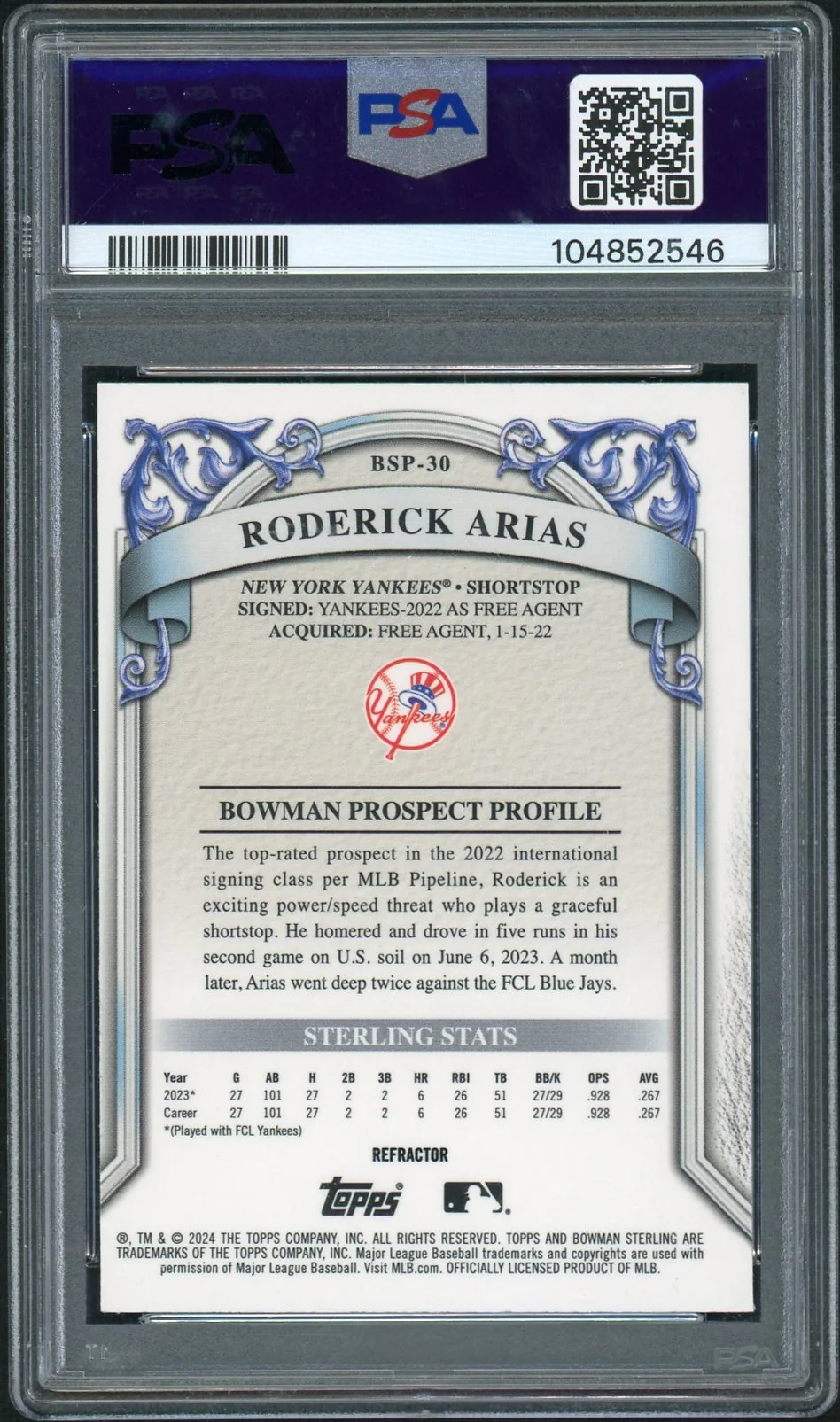2024 Bowman Sterling Prospects #BSP30 Roderick Arias Refractor PSA 10 - Image 2