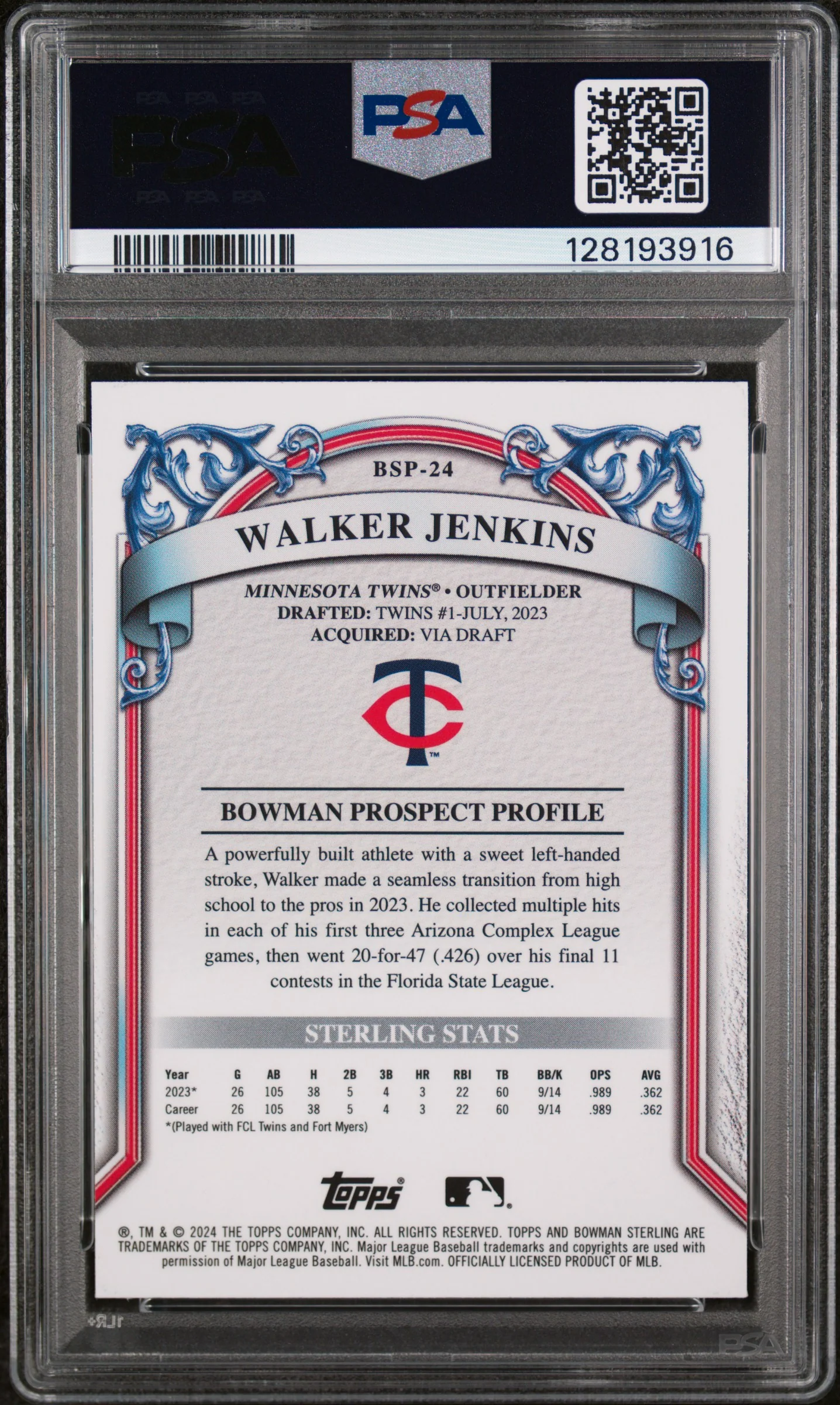 2024 Bowman Sterling Prospects Prospect-Gold Refractor Walker Jenkins #BSP24 /50 PSA 9 - Image 2