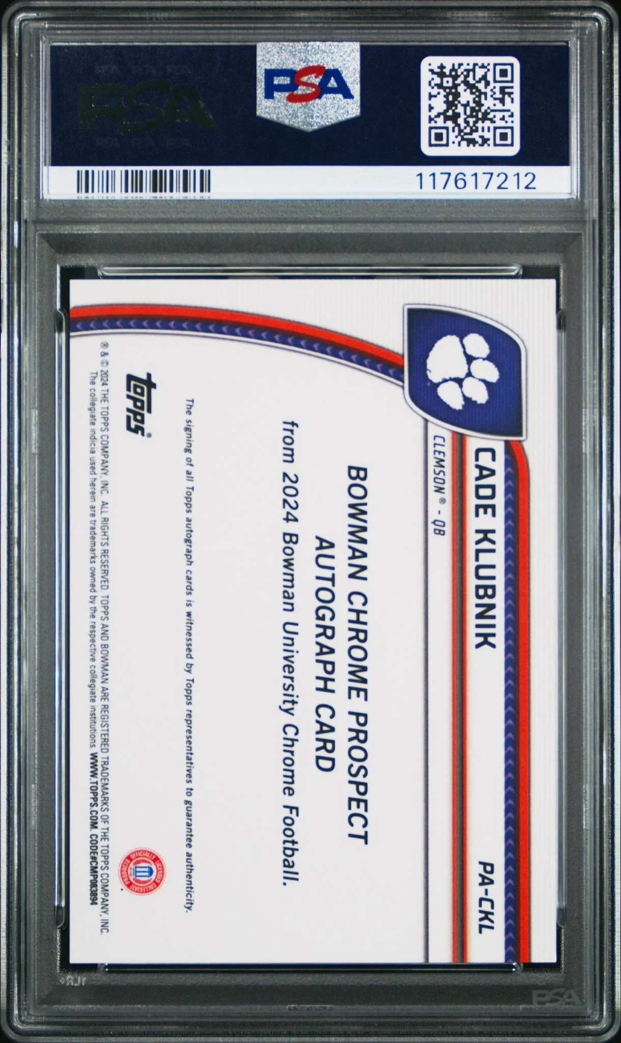 2024 Bowman University Chrome Bowman Chrome Prospect Autographs Cade Klubnik #PACKL PSA 10 - Image 2