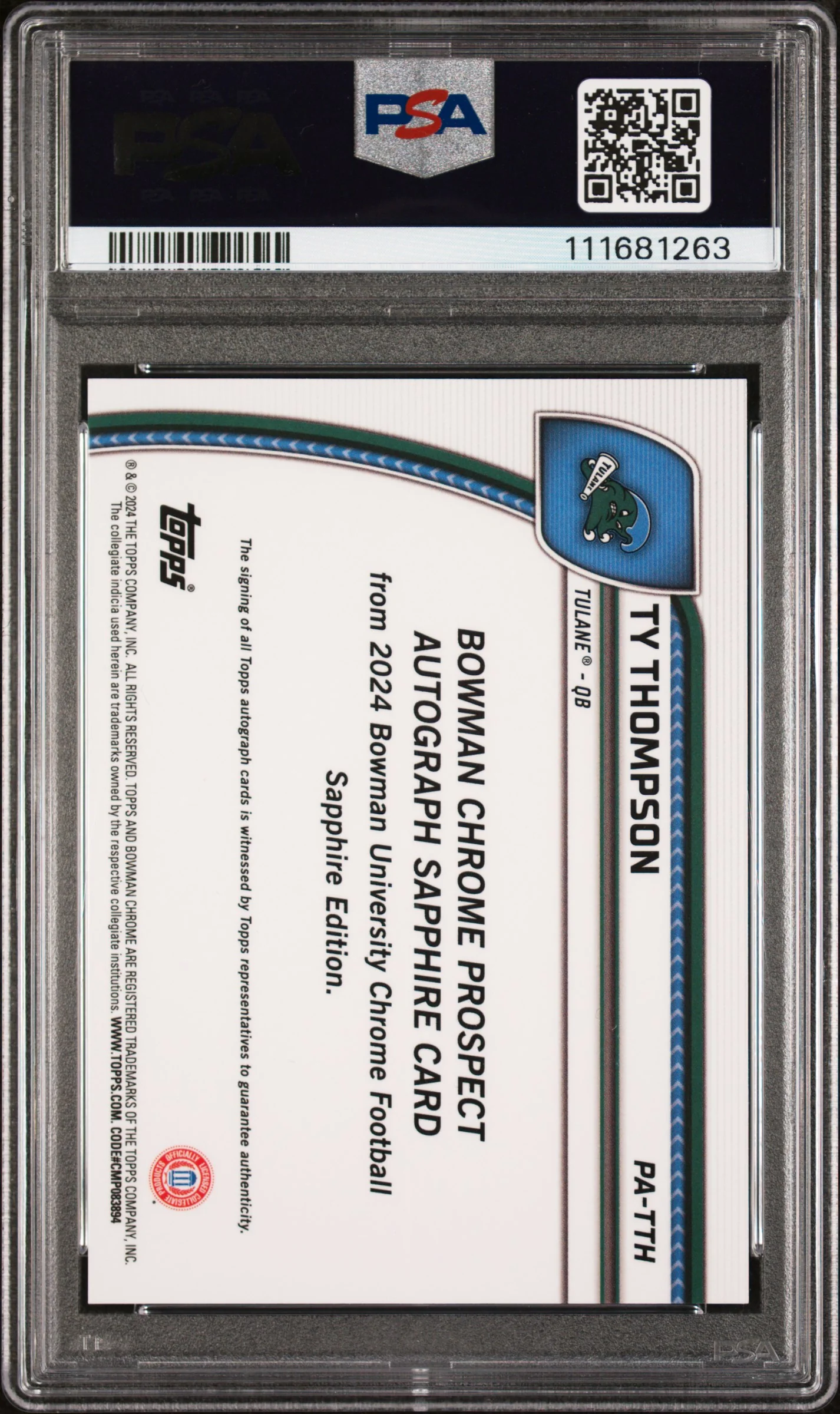 2024 Bowman University Chrome Bowman Chrome Sapphire Prospect Autographs Black Refractor Ty Thompson #PATTH /10 PSA 10 - Image 2