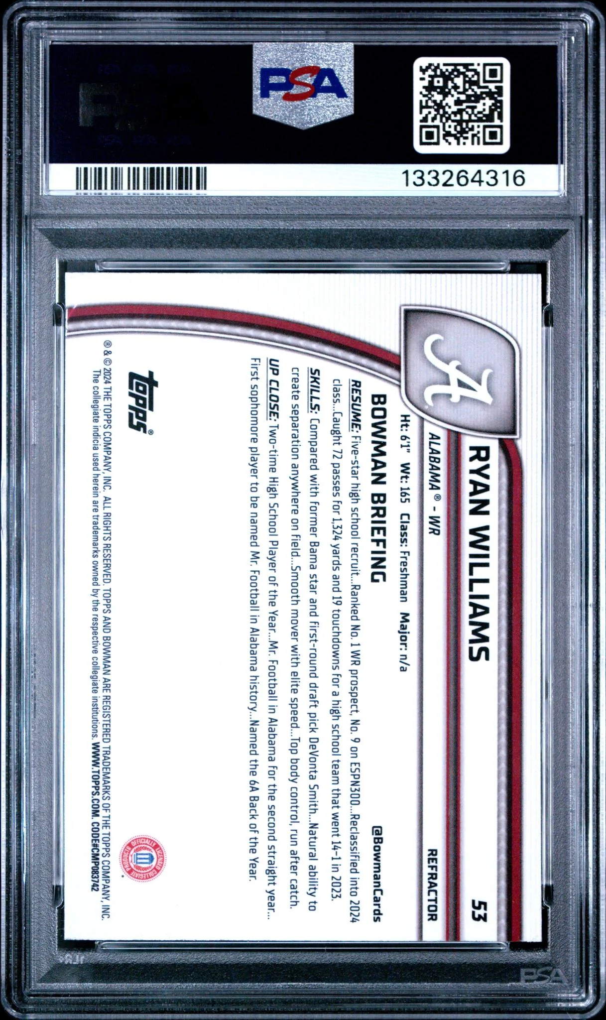 2024 Bowman University Chrome Refractor Ryan Williams #53 PSA 10 - Image 2