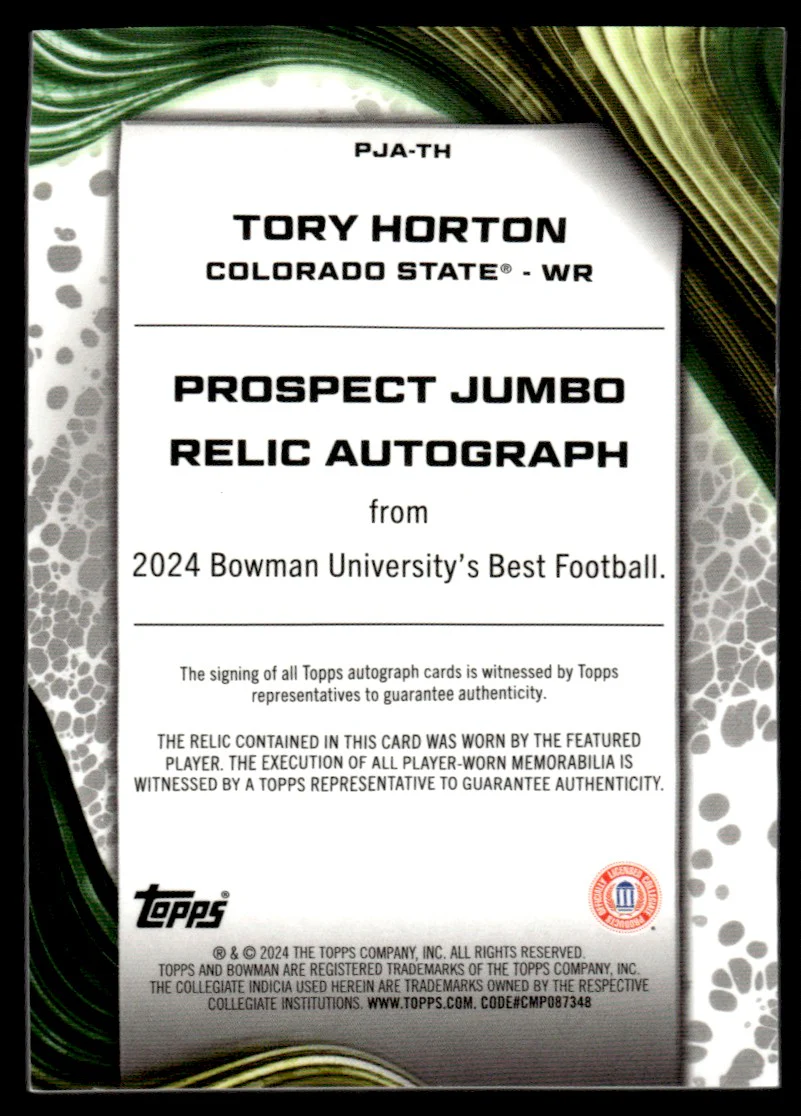 2024 Bowman University's Best Prospect Jumbo Relic Autograph Tory Horton #PJA-TH - Image 2