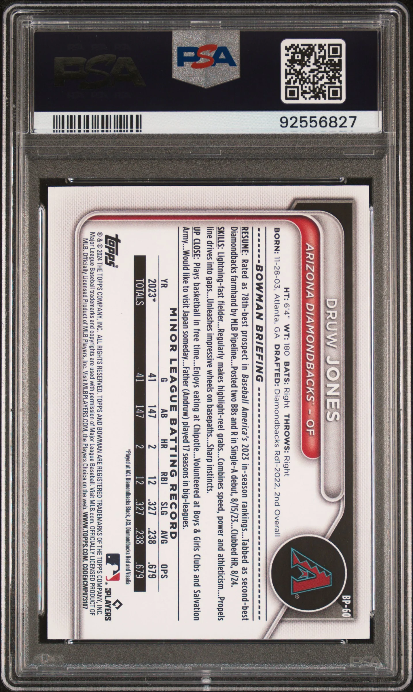 2024 Bowman Yellow Druw Jones #BP60 /75 PSA 10 - Image 2