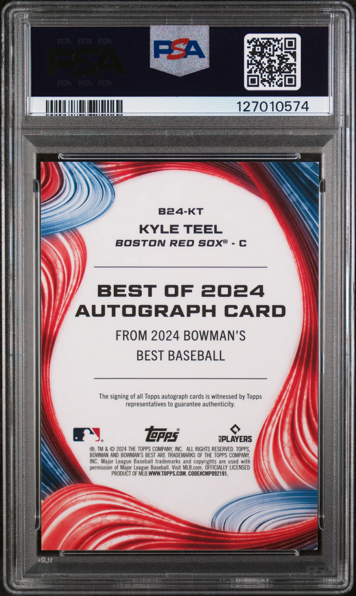 2024 Bowman's Best Best of 2024 Autographs Green Refractor Kyle Teel #B24KT /99 PSA 9 - Image 2
