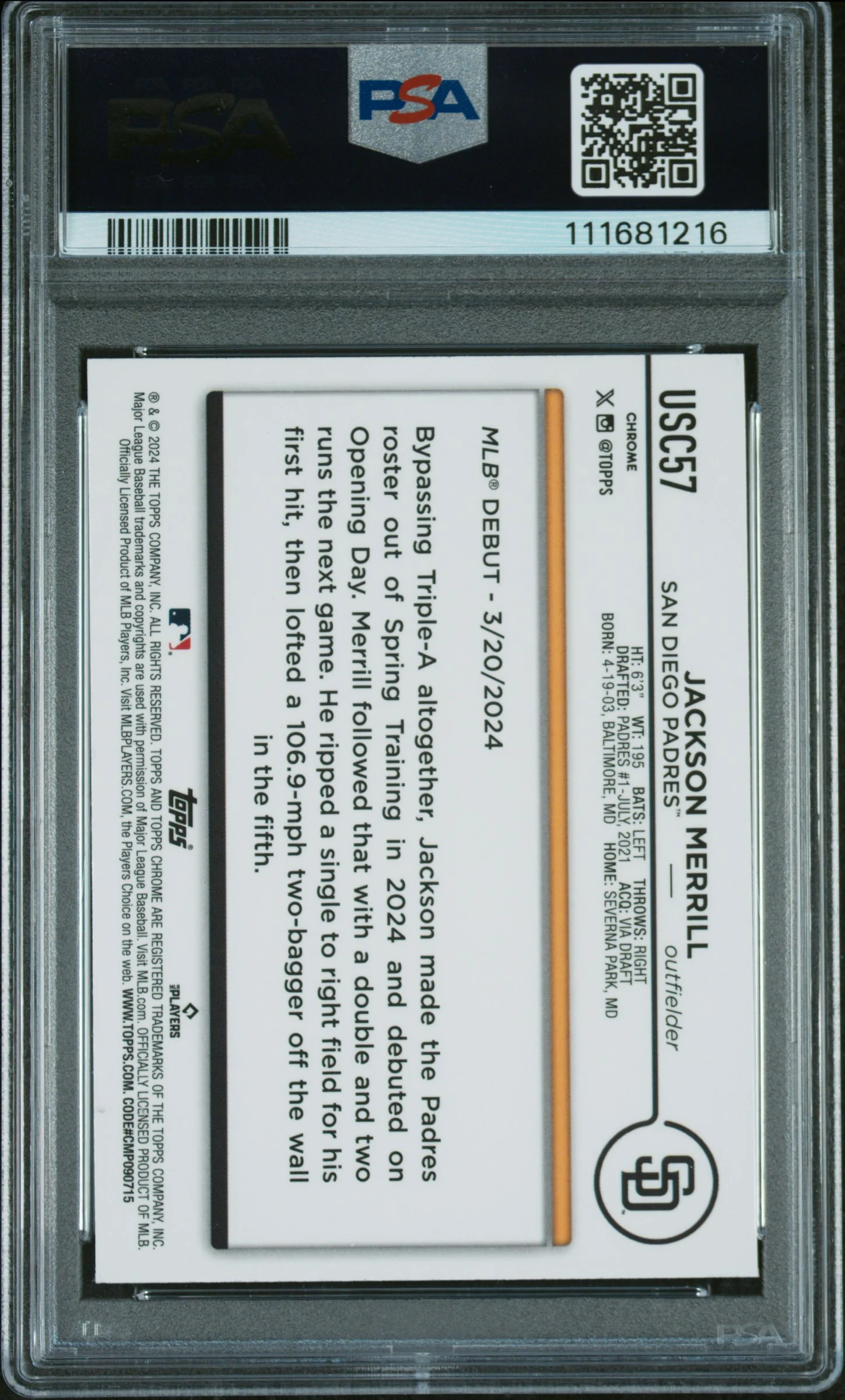2024 Chrome Update X-Fractors Jackson Merrill #USC57 PSA 10 - Image 2