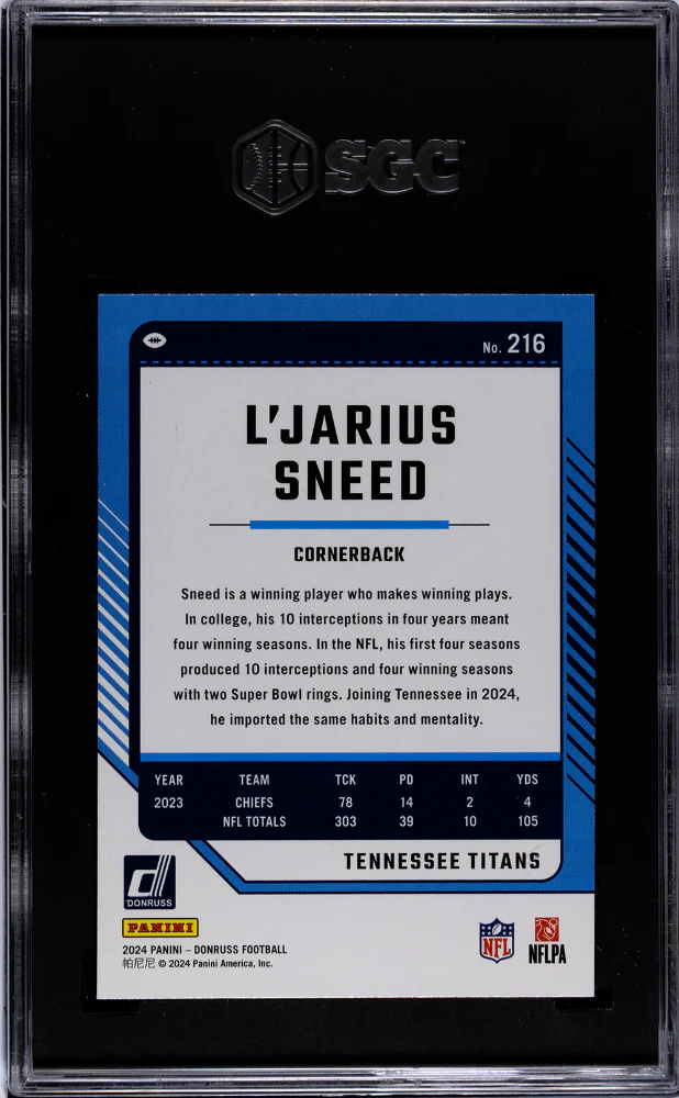 2024 Donruss #216 L'Jarius Sneed Red Press Proof SGC 9.5 - Image 2