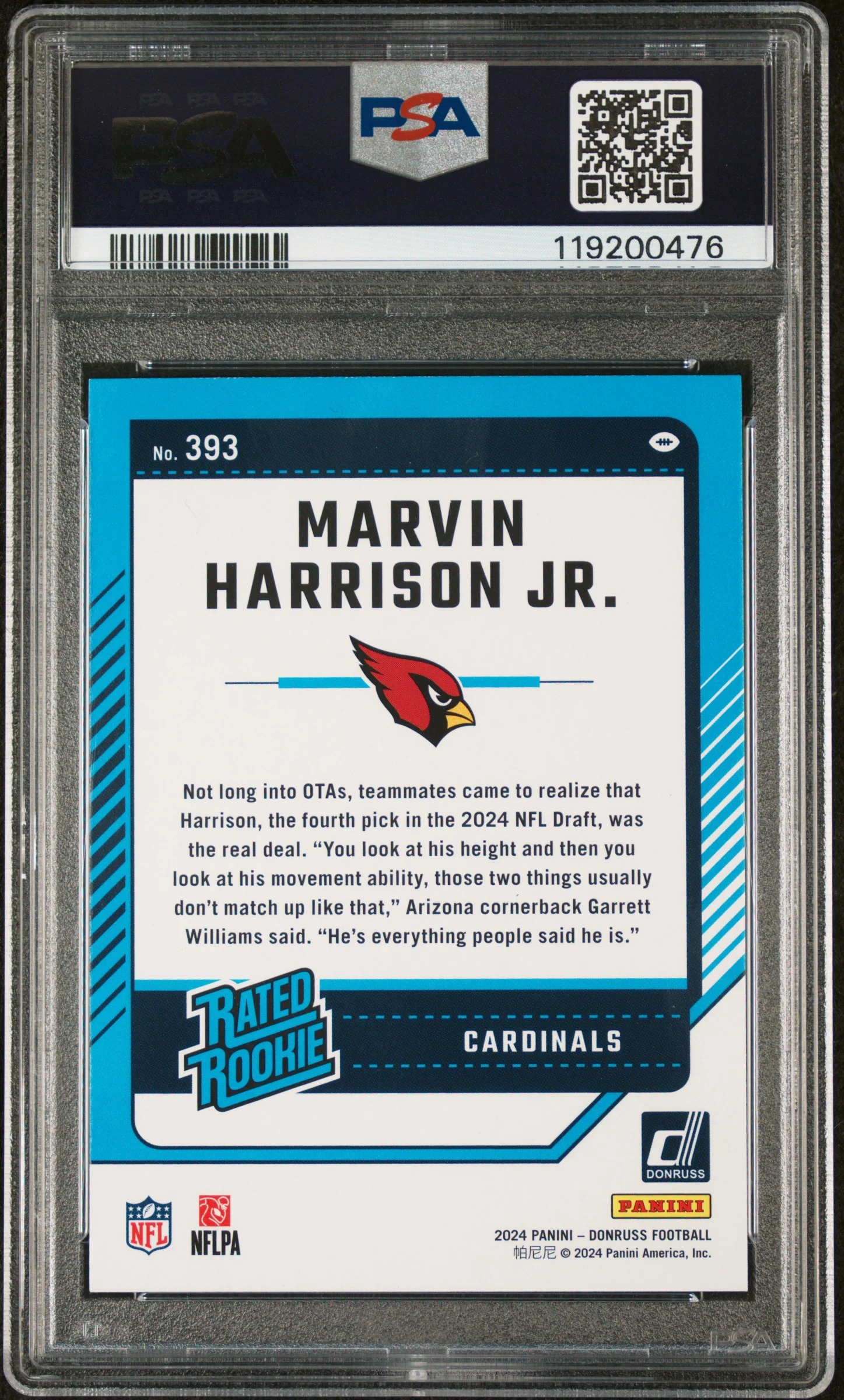2024 Donruss #393 Marvin Harrison Jr. Rated Rookie PSA 10 - Image 2