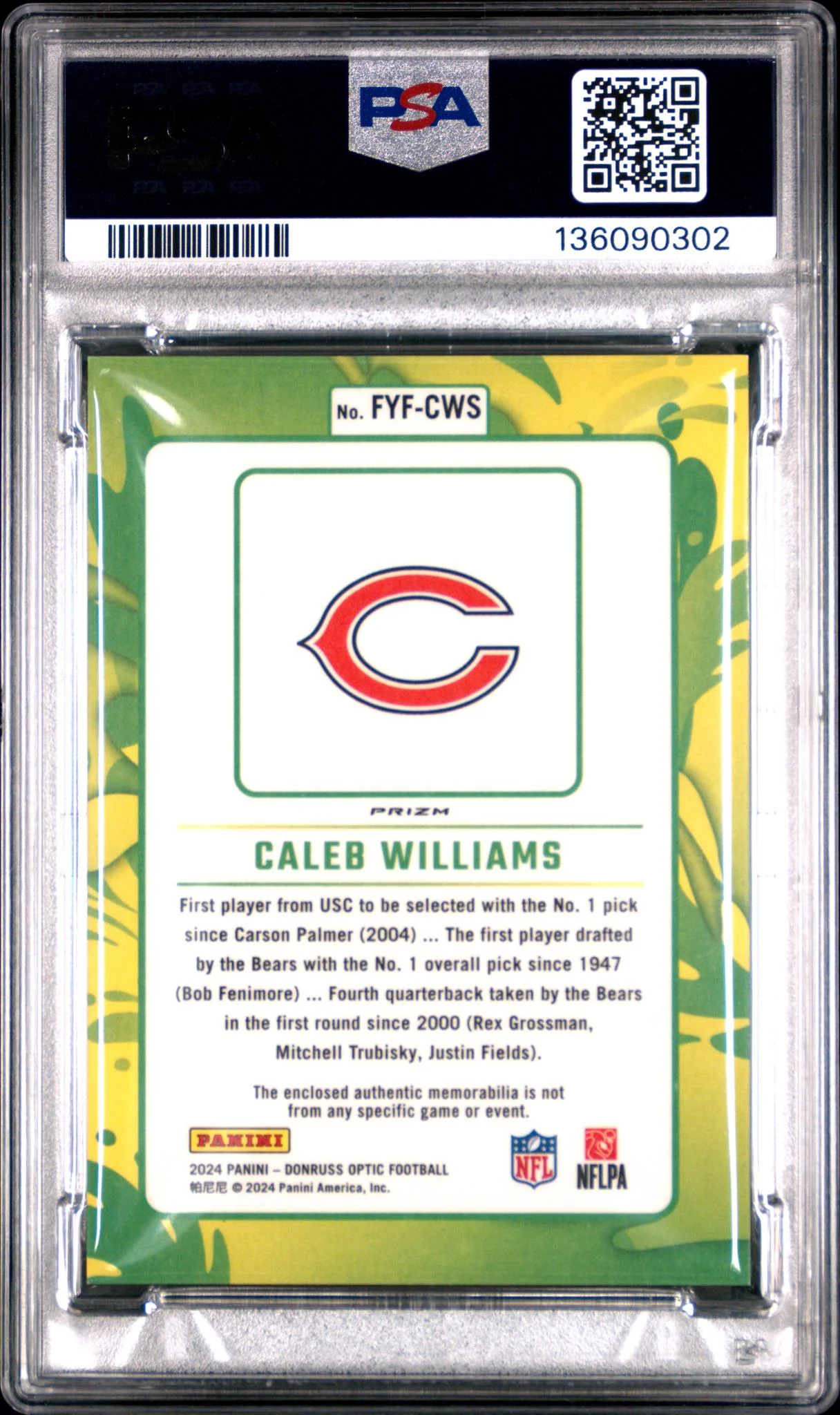 2024 Donruss Optic Blue Hyper Caleb Williams #FYF-CWS PSA 10 - Image 2