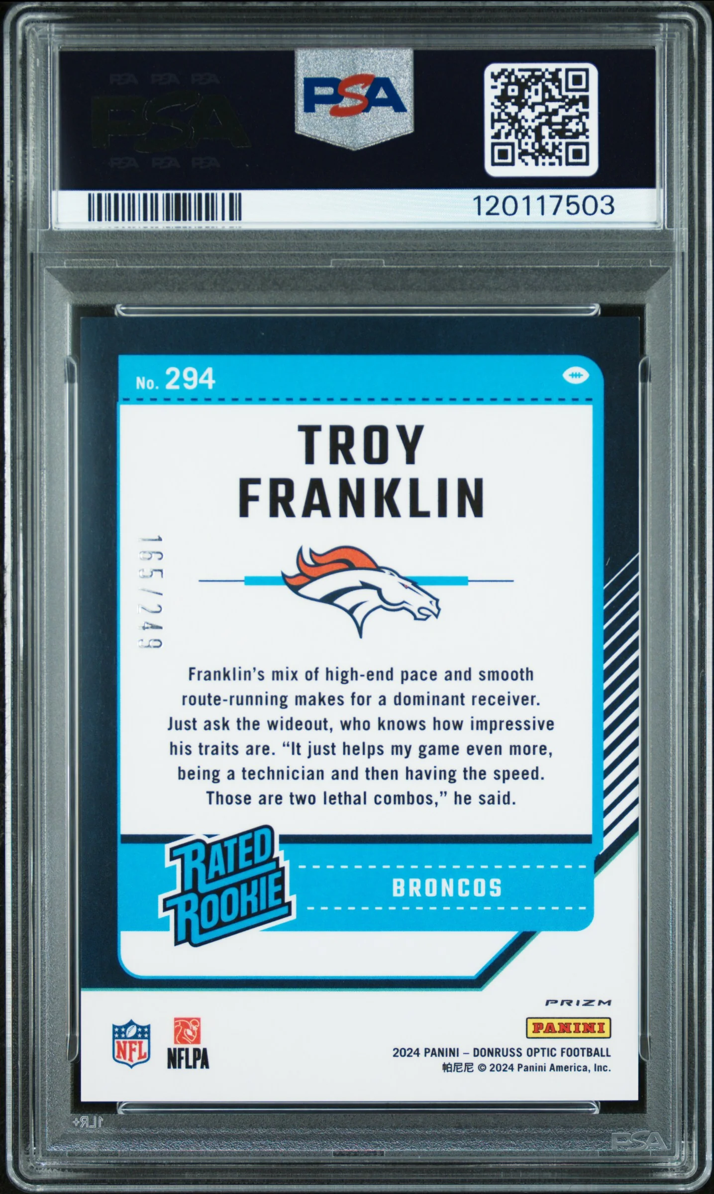 2024 Donruss Optic Orange Troy Franklin #294 /249 PSA 10 - Image 2