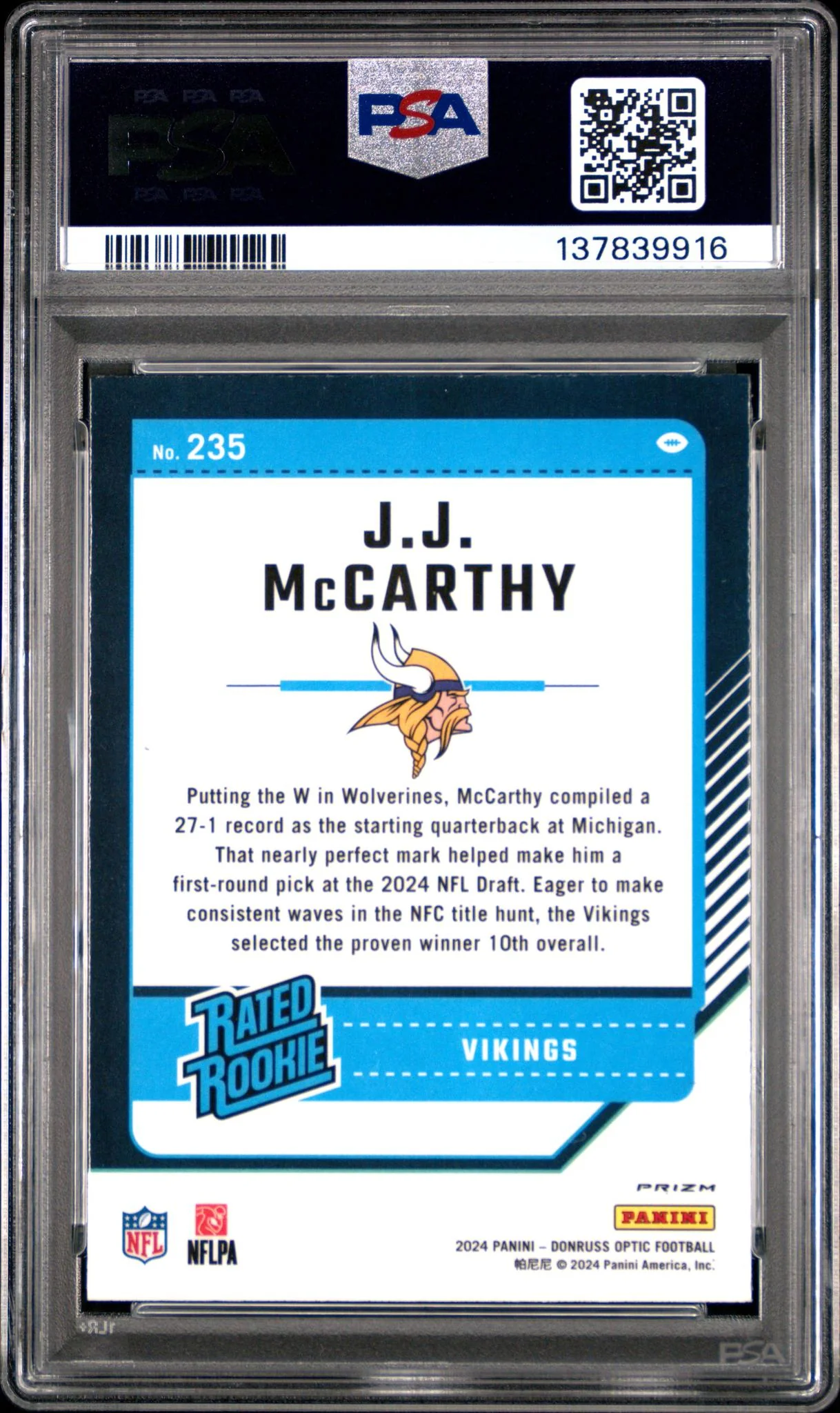 2024 Donruss Optic Rated Rookie Green Velocity JJ Mccarthy #235 PSA 9 - Image 2