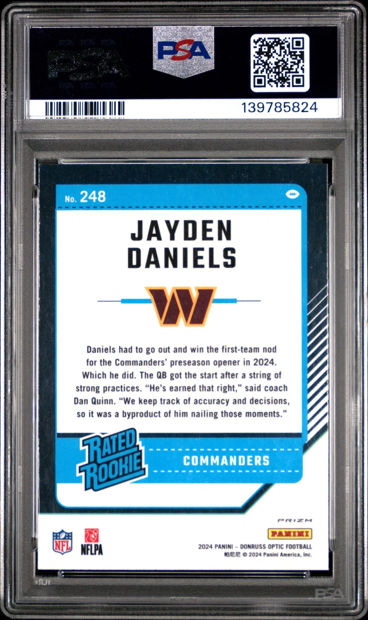 2024 Donruss Optic Rated Rookie Holo Jayden Daniels #248 PSA 9 - Image 2