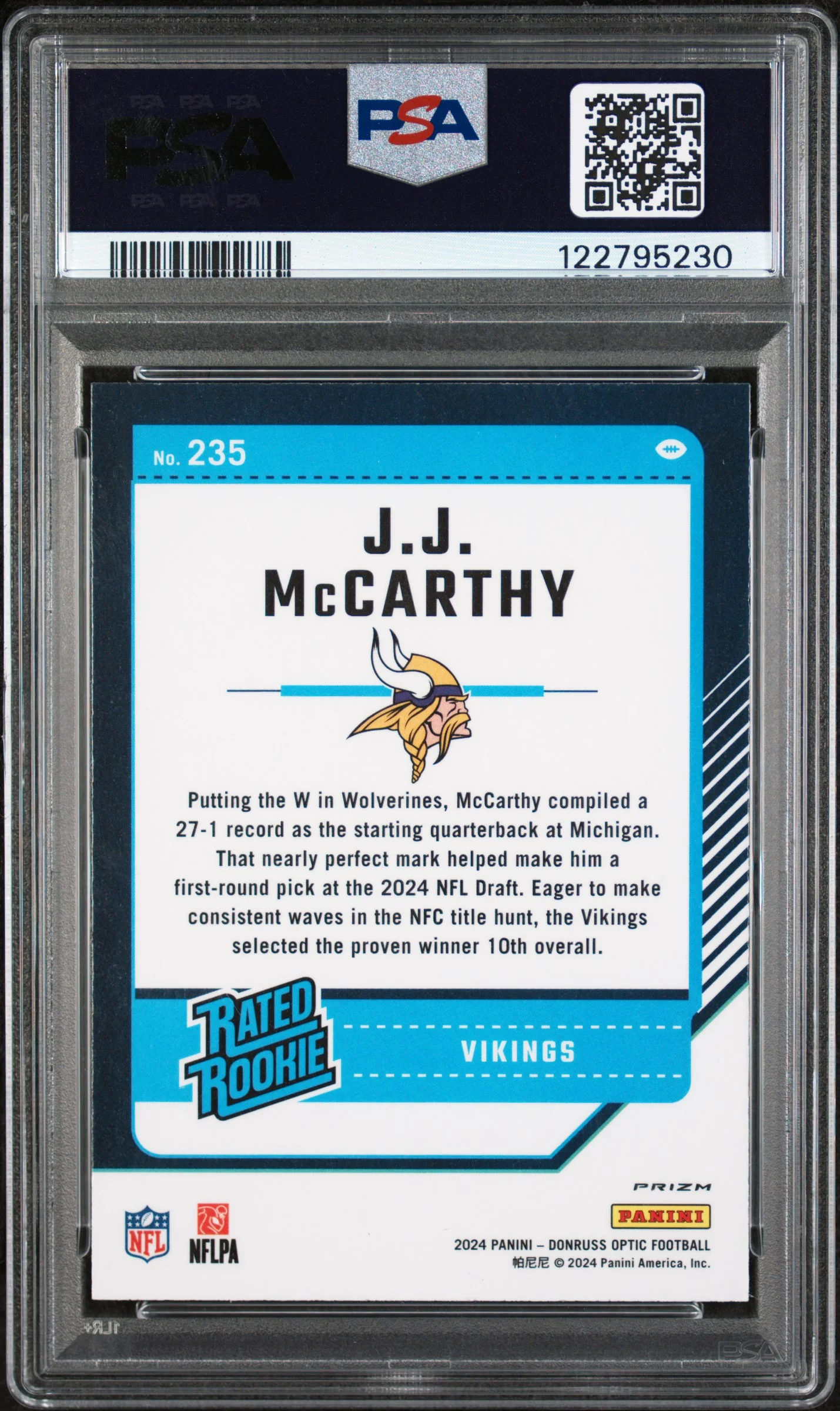 2024 Donruss Optic Rated Rookie Holo JJ Mccarthy #235 PSA 8 - Image 2
