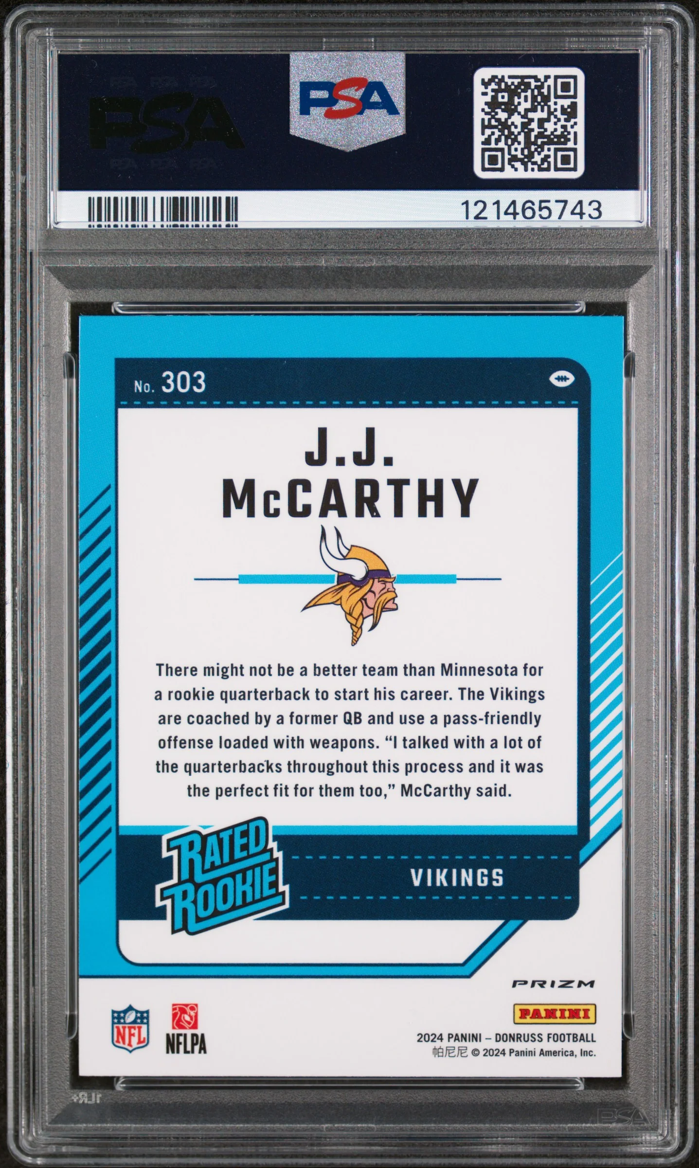 2024 Donruss Optic Rated Rookie Preview Pink JJ Mccarthy #303 PSA 9 - Image 2